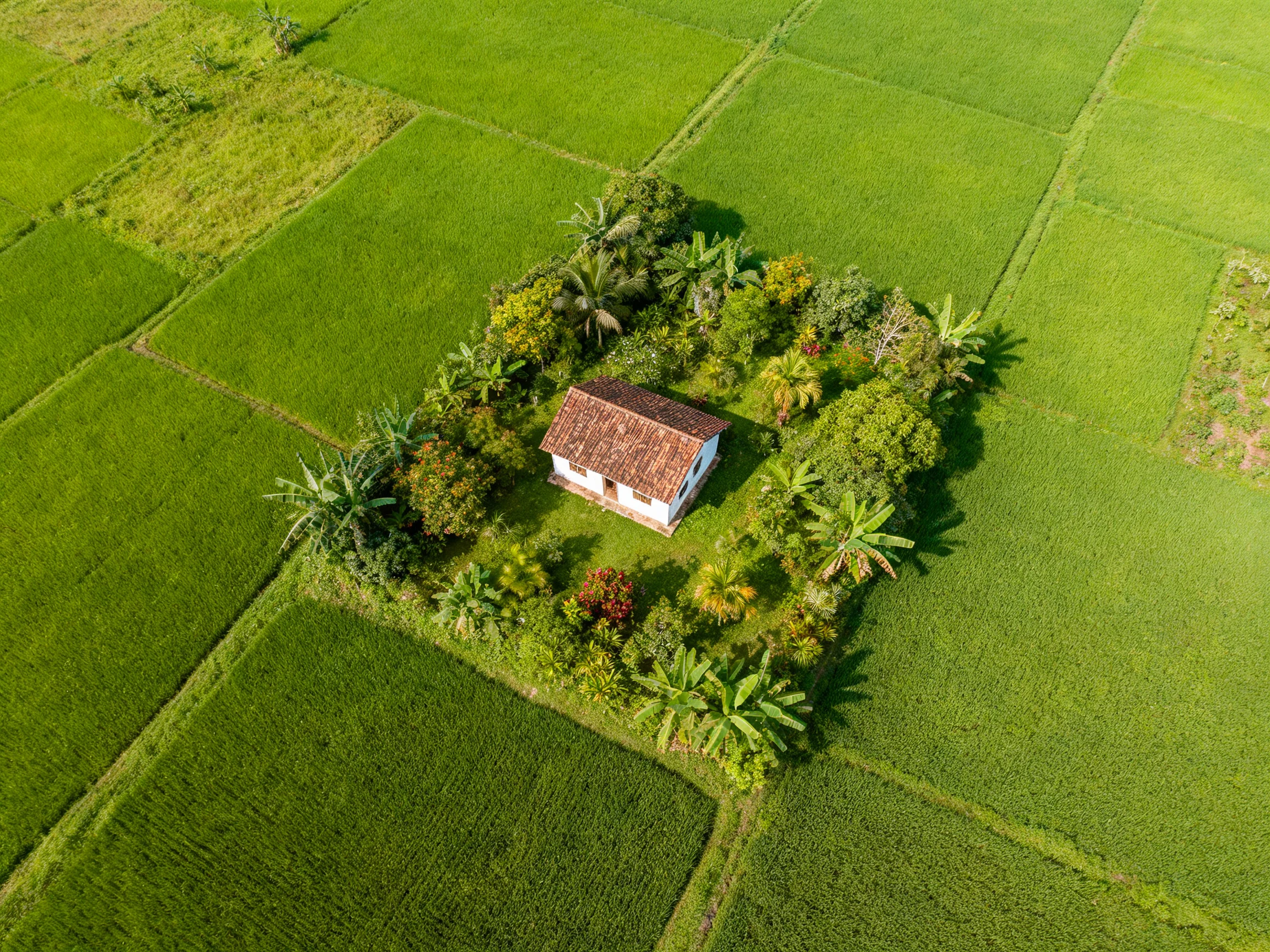 A small house nestled among dense tropical vegetation in expansive green agricultural plots