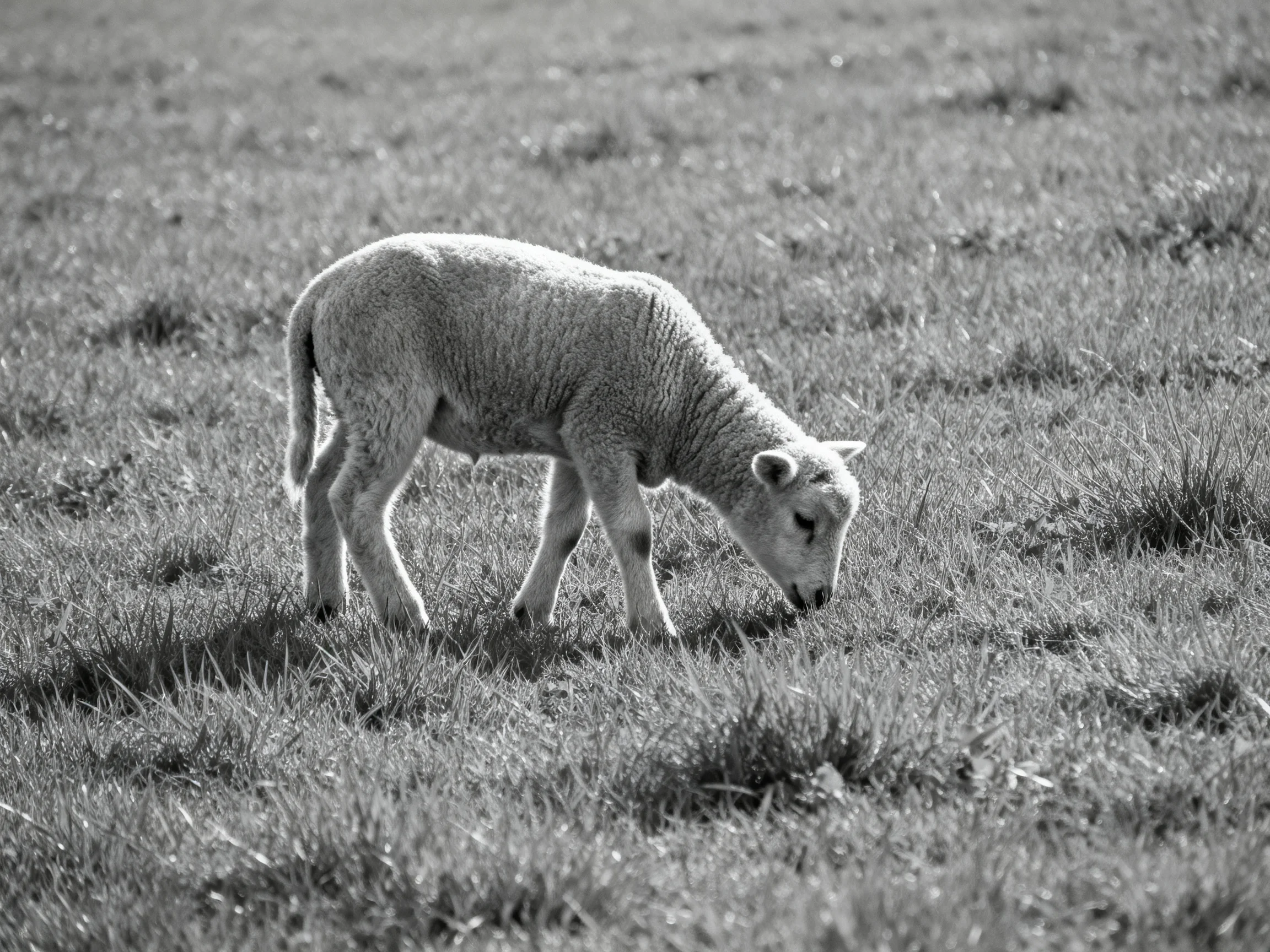 A small lamb forages in a wide grassy meadow