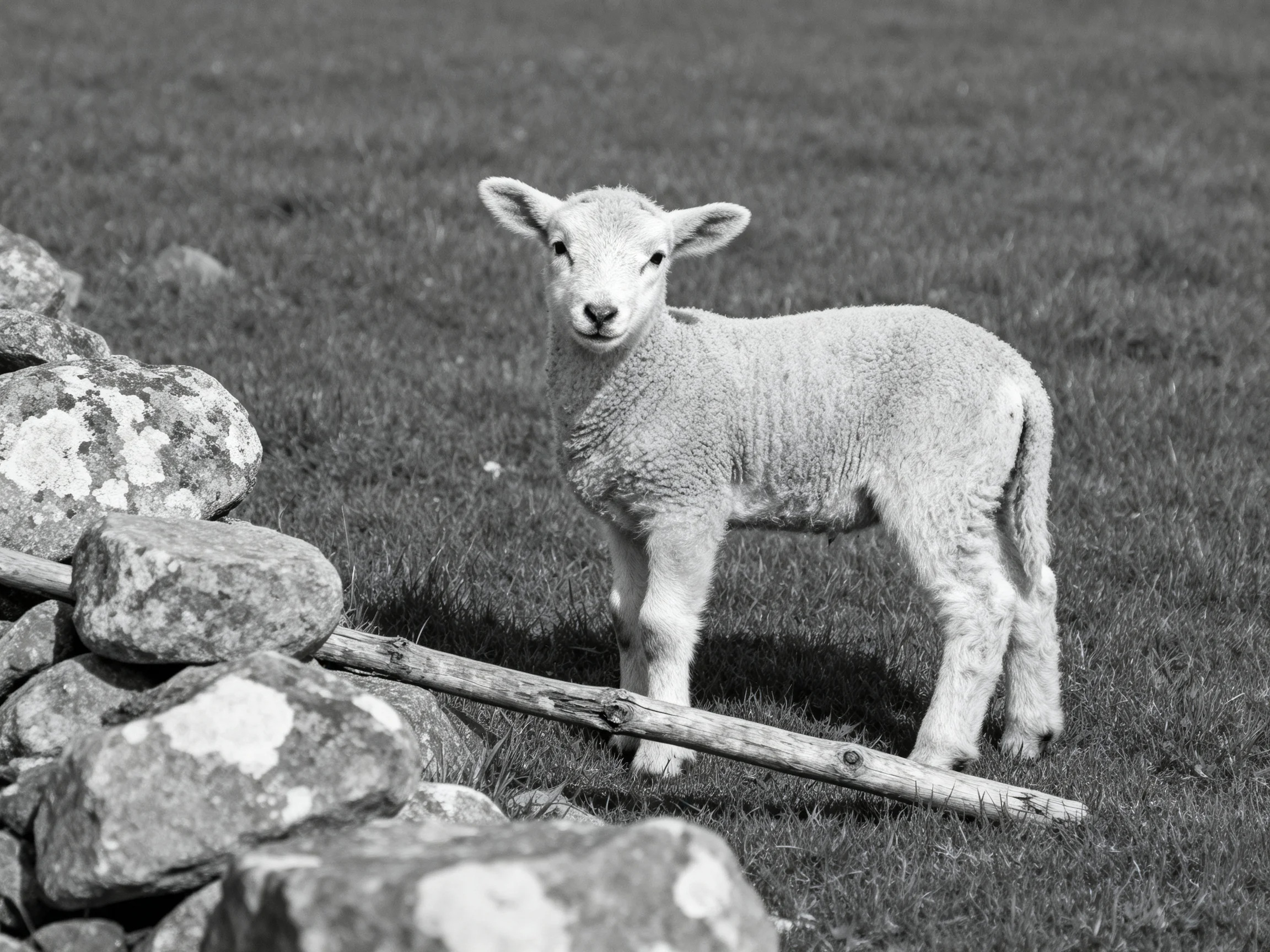 A small lamb stands by a stone fence in a grassy field