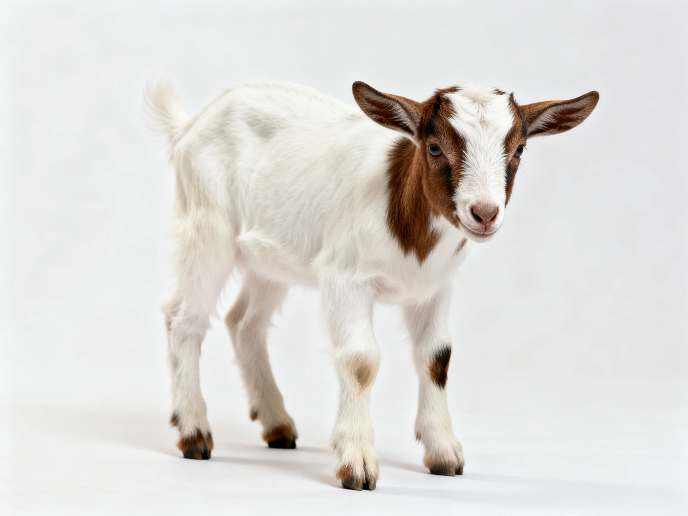 A small white and brown baby goat stands against a plain backdrop
