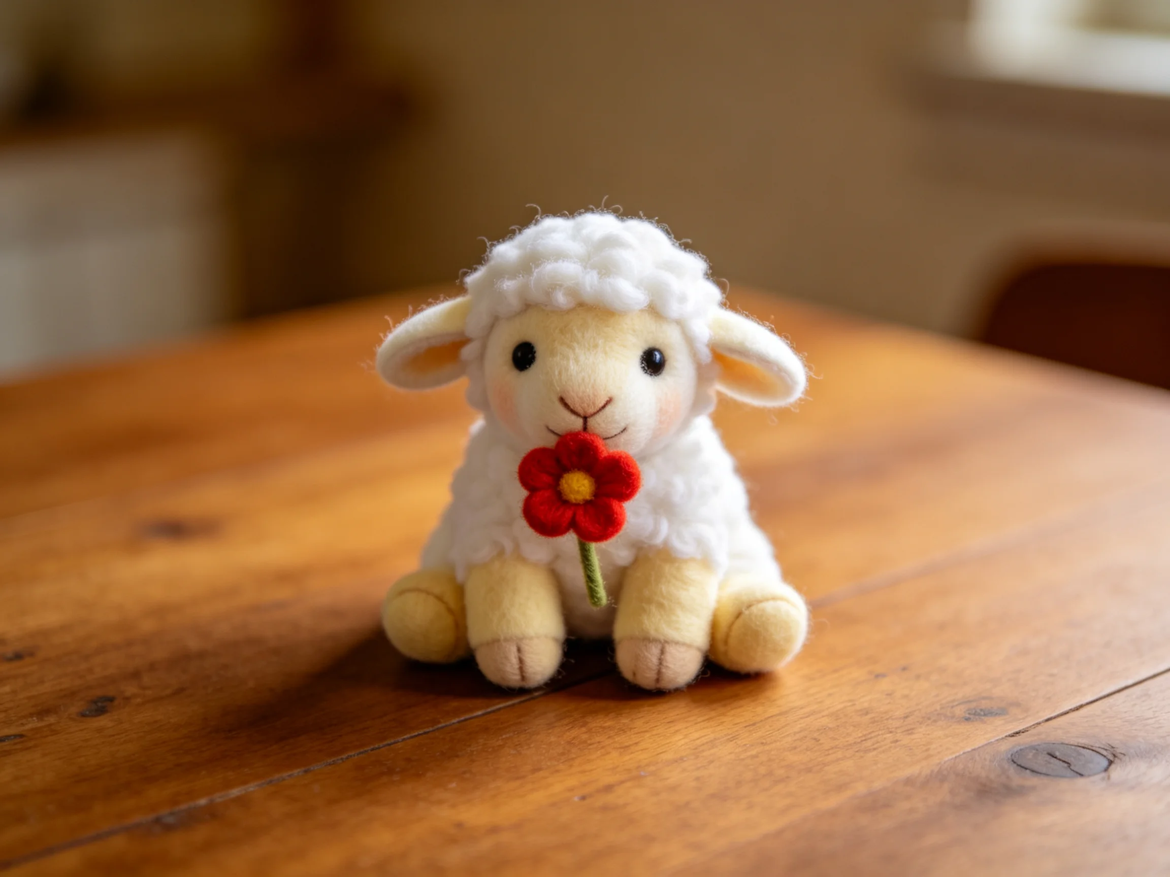 A small white felt lamb holding a red flower on a wooden table