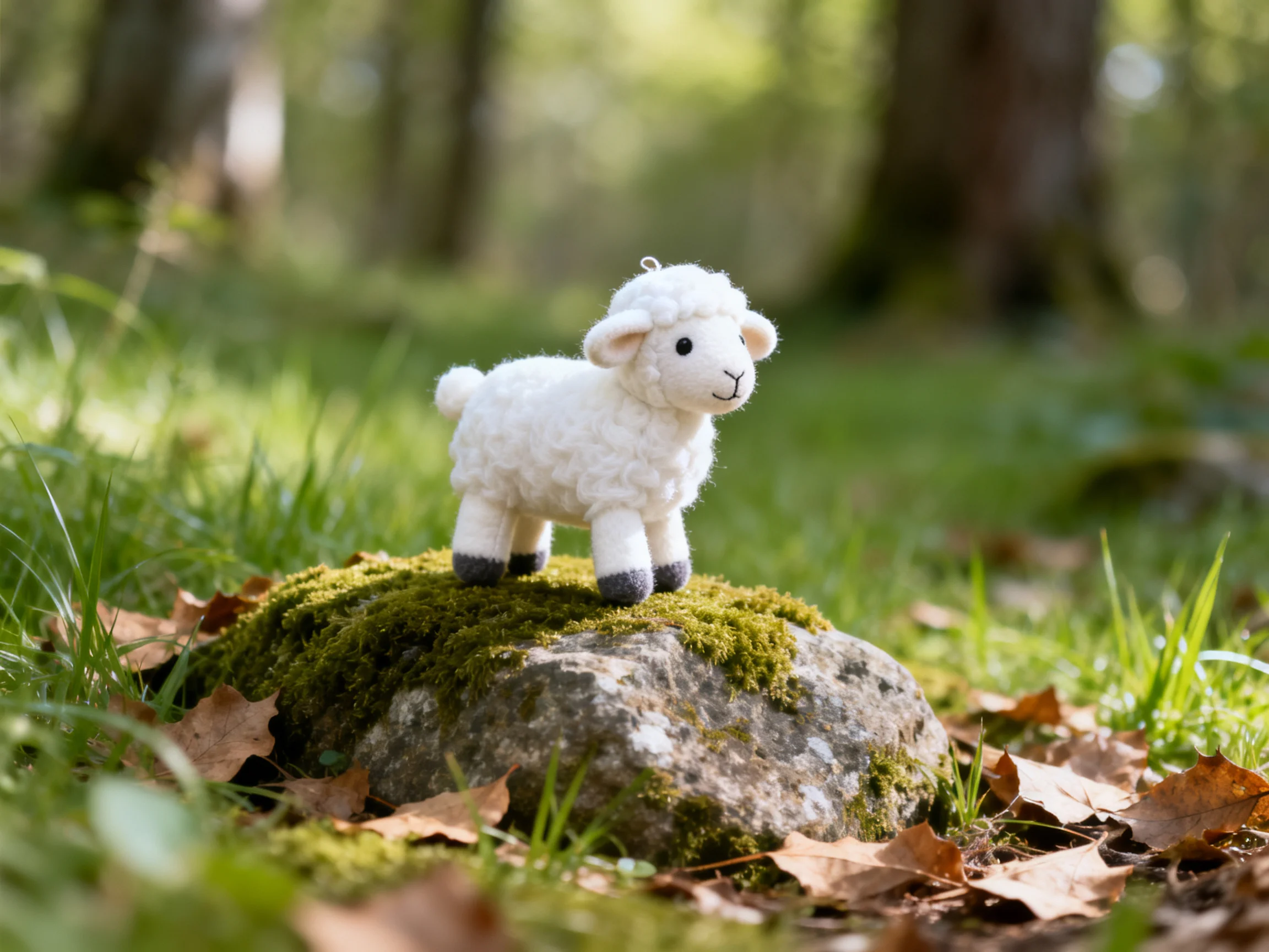 A small white felt lamb stands atop a moss-covered stone in a sunlit woodland.