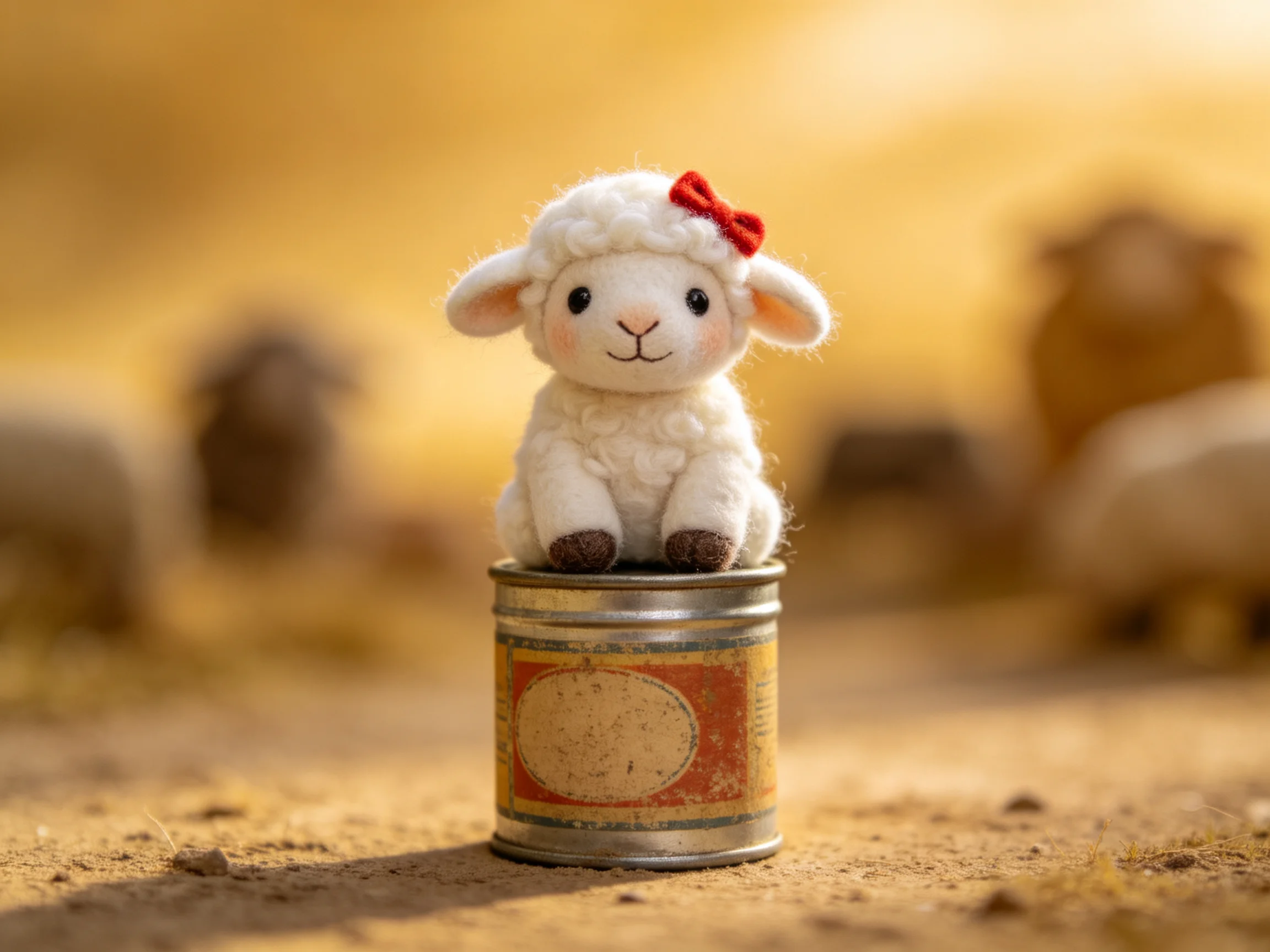 A small white felt lamb with red bow sits atop an aged metal can