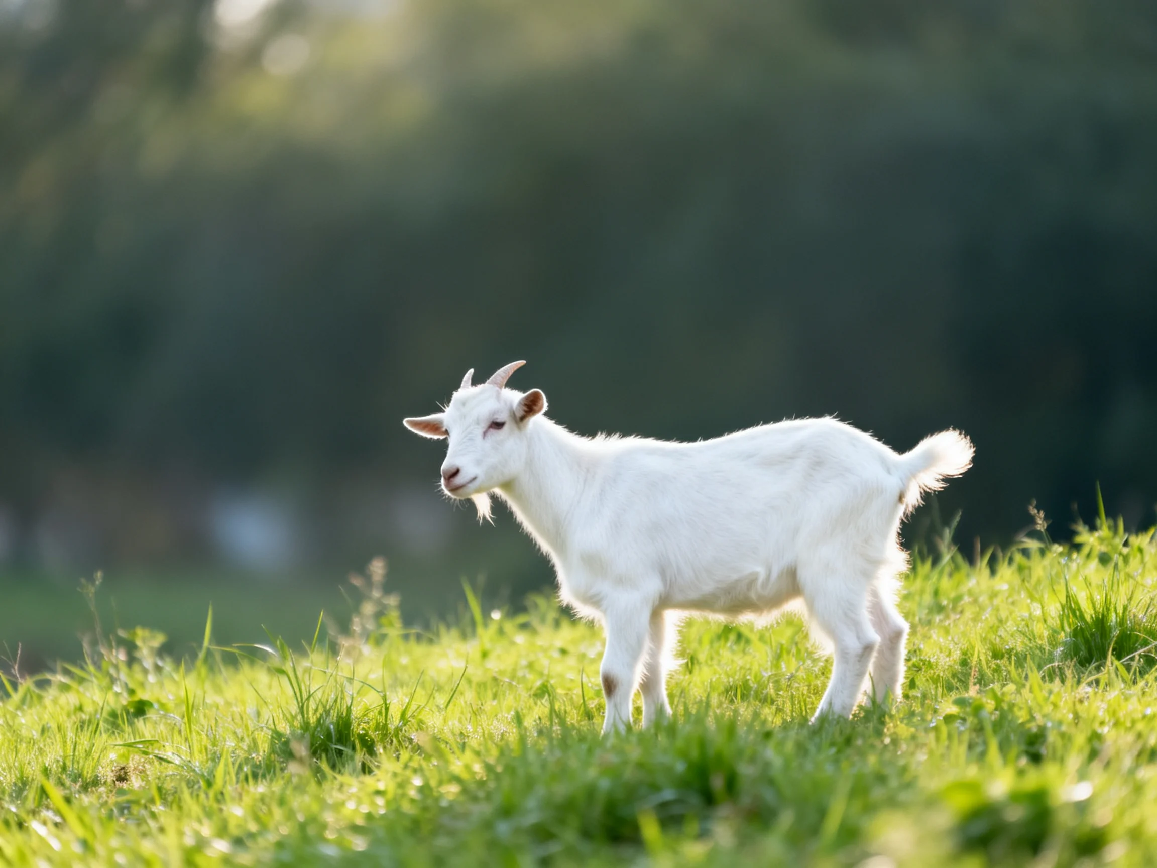 A small white goat standing on lush green grass in bright daylight