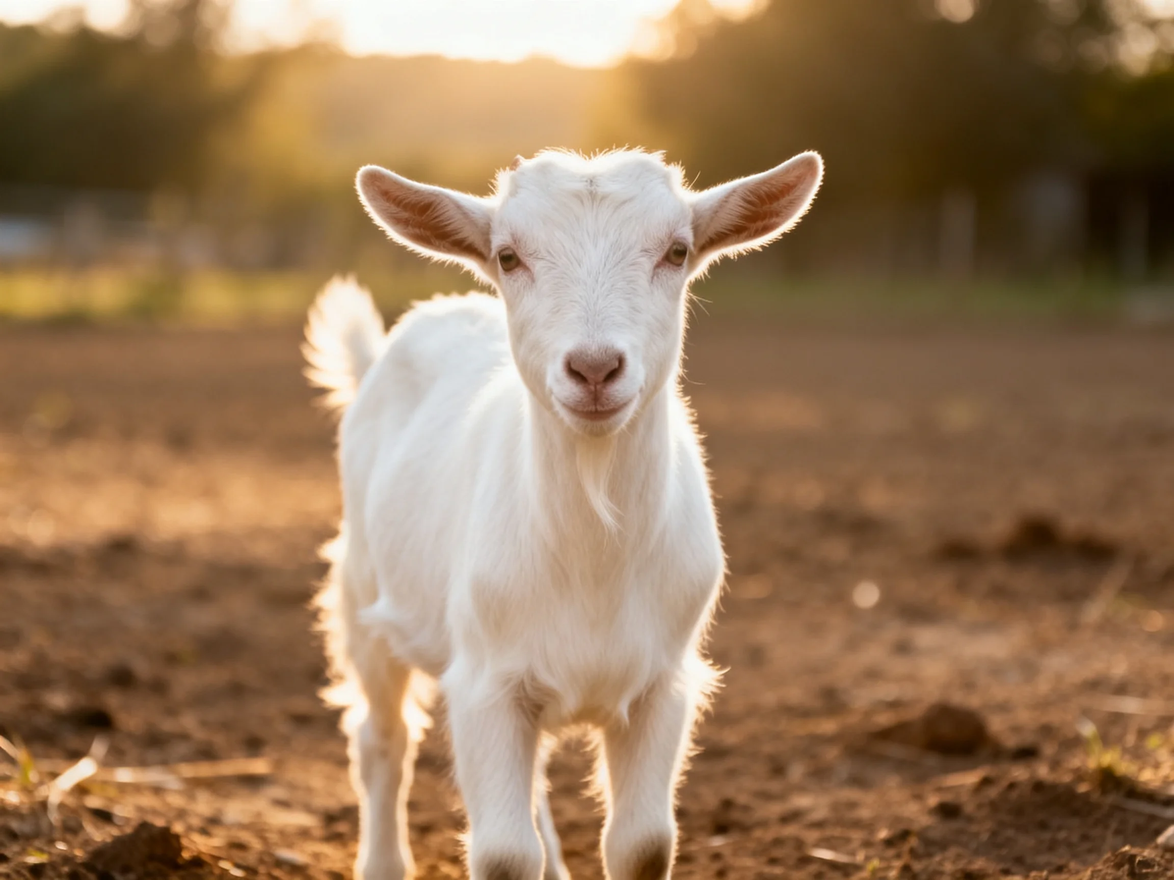 A small white goat stands on a dirt field during golden hour