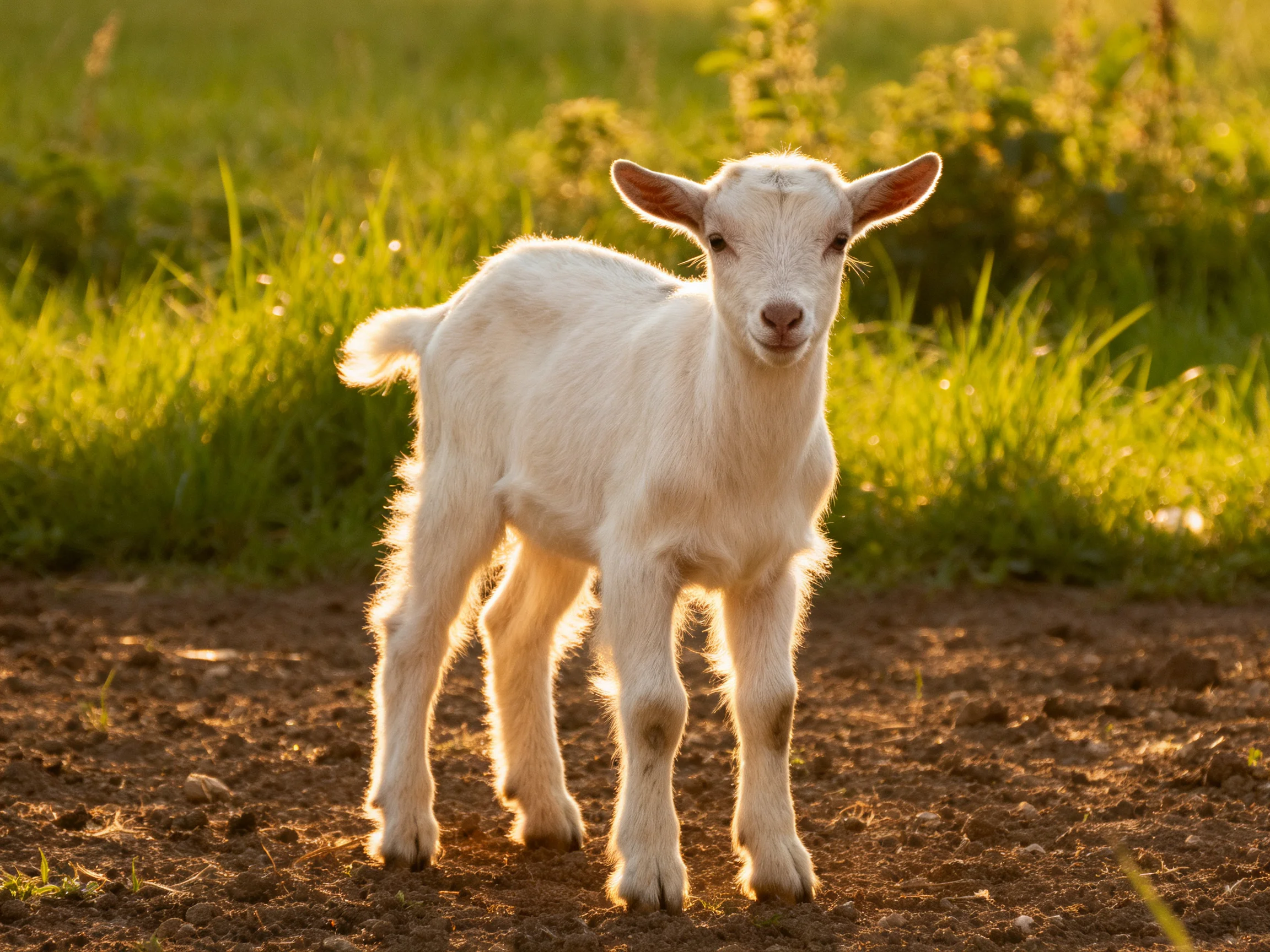A small white goat stands on brown dirt near lush green grass