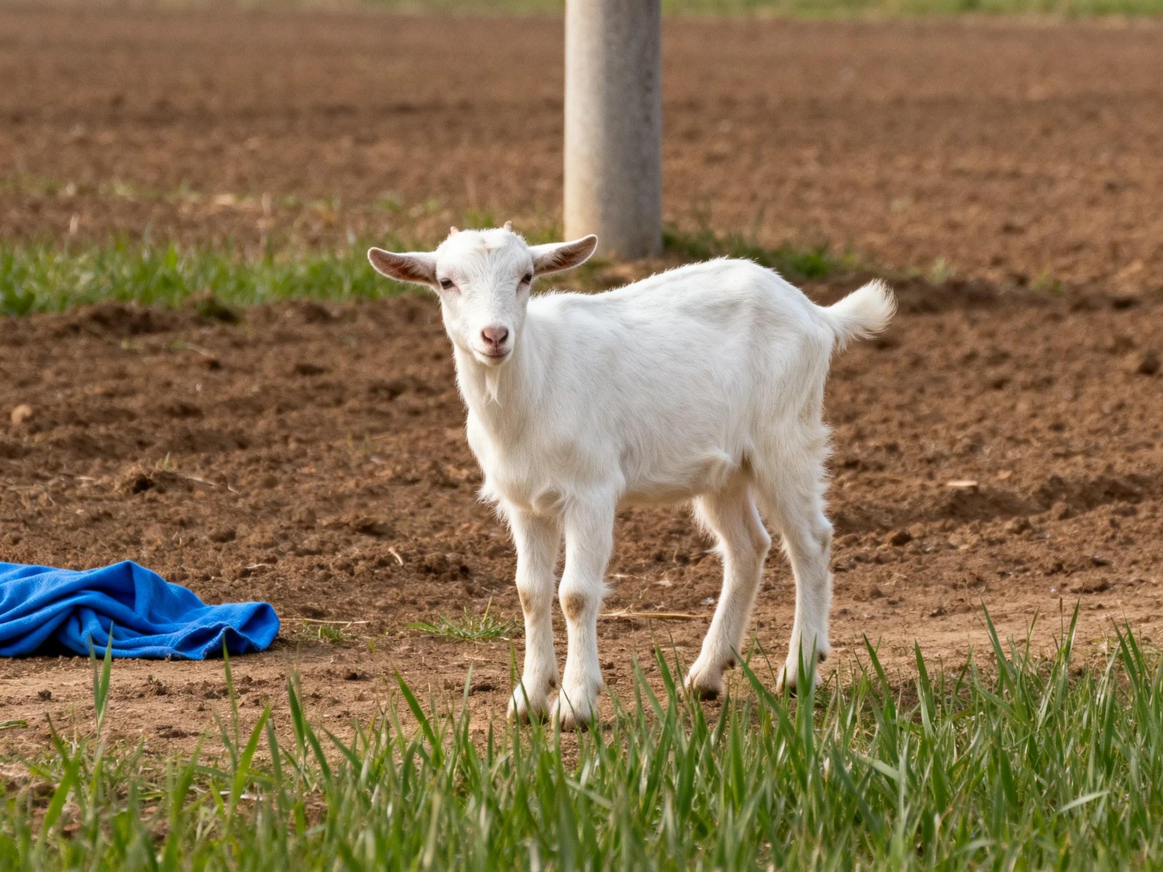 A small white goat stands on brown soil with a blue cloth nearby