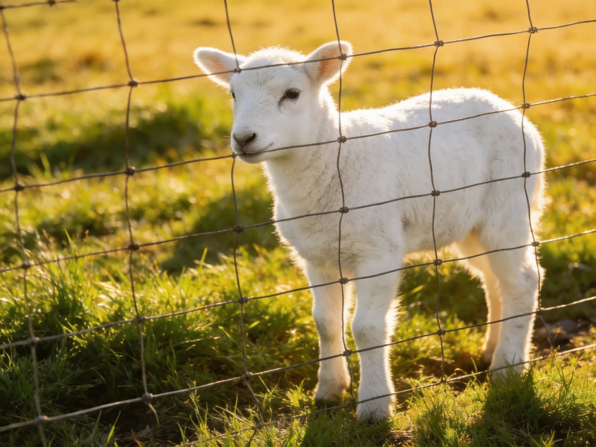 A small white lamb behind a wire fence in a sunlit field