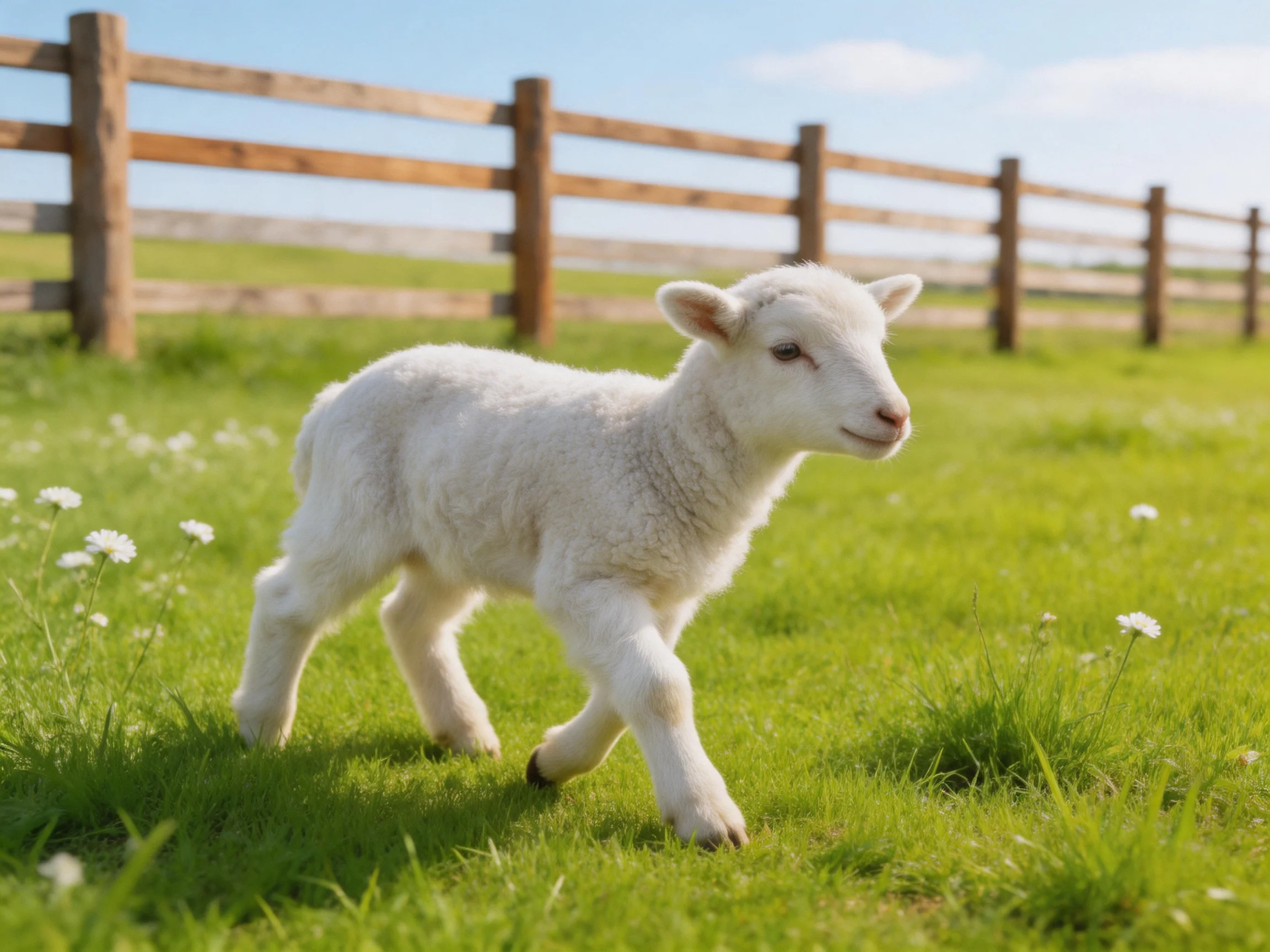 A small white lamb explores vibrant green meadow with wooden fence