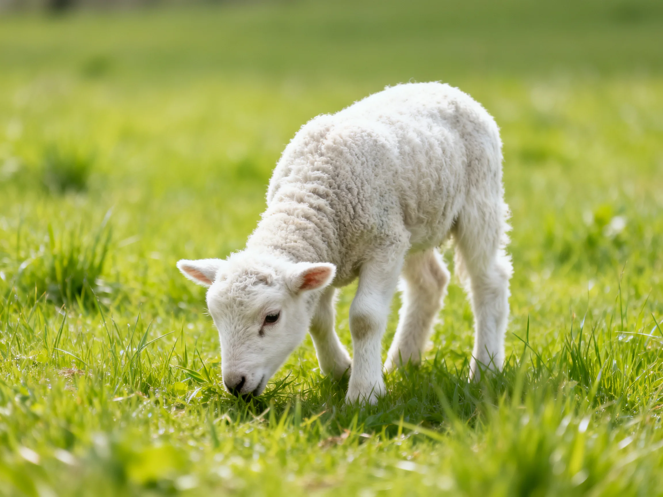 A small white lamb grazing in a lush green grassy field under sunny skies