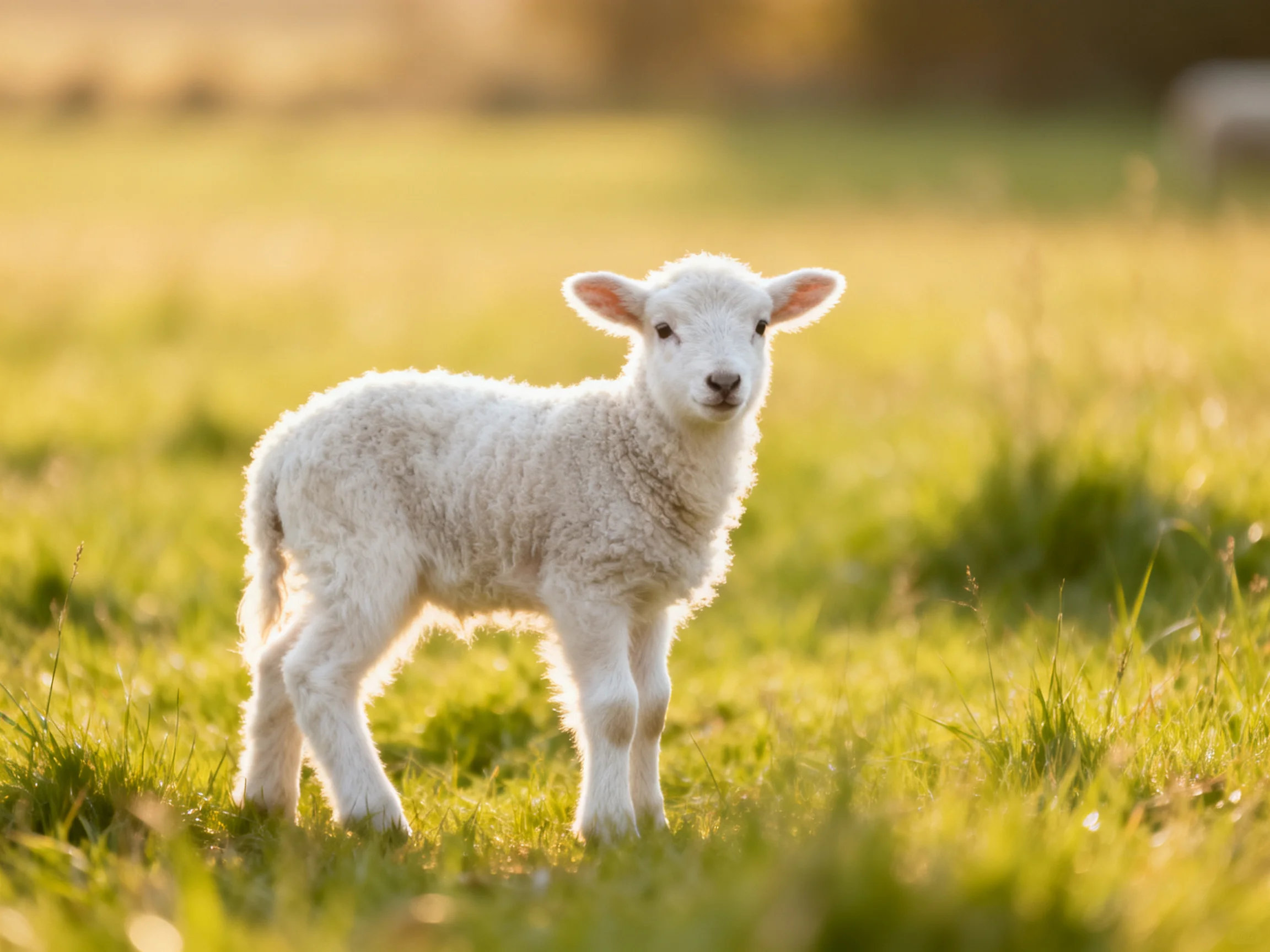A small white lamb in a sunlit grassy field