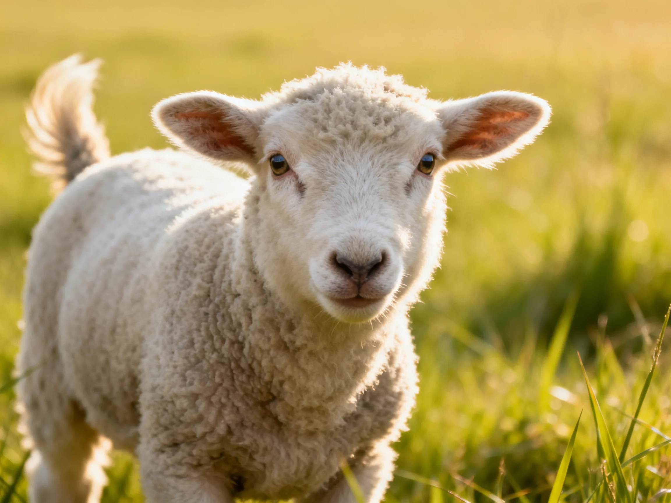 A small white lamb in a sunlit green grassy field