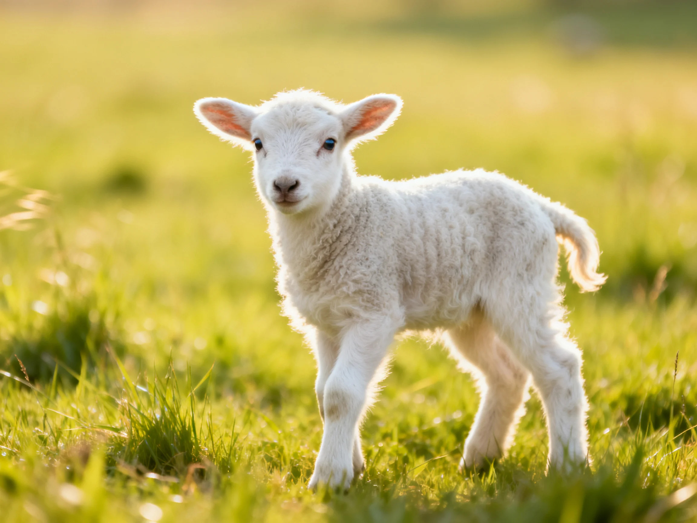 A small white lamb stands in a sunlit green meadow.