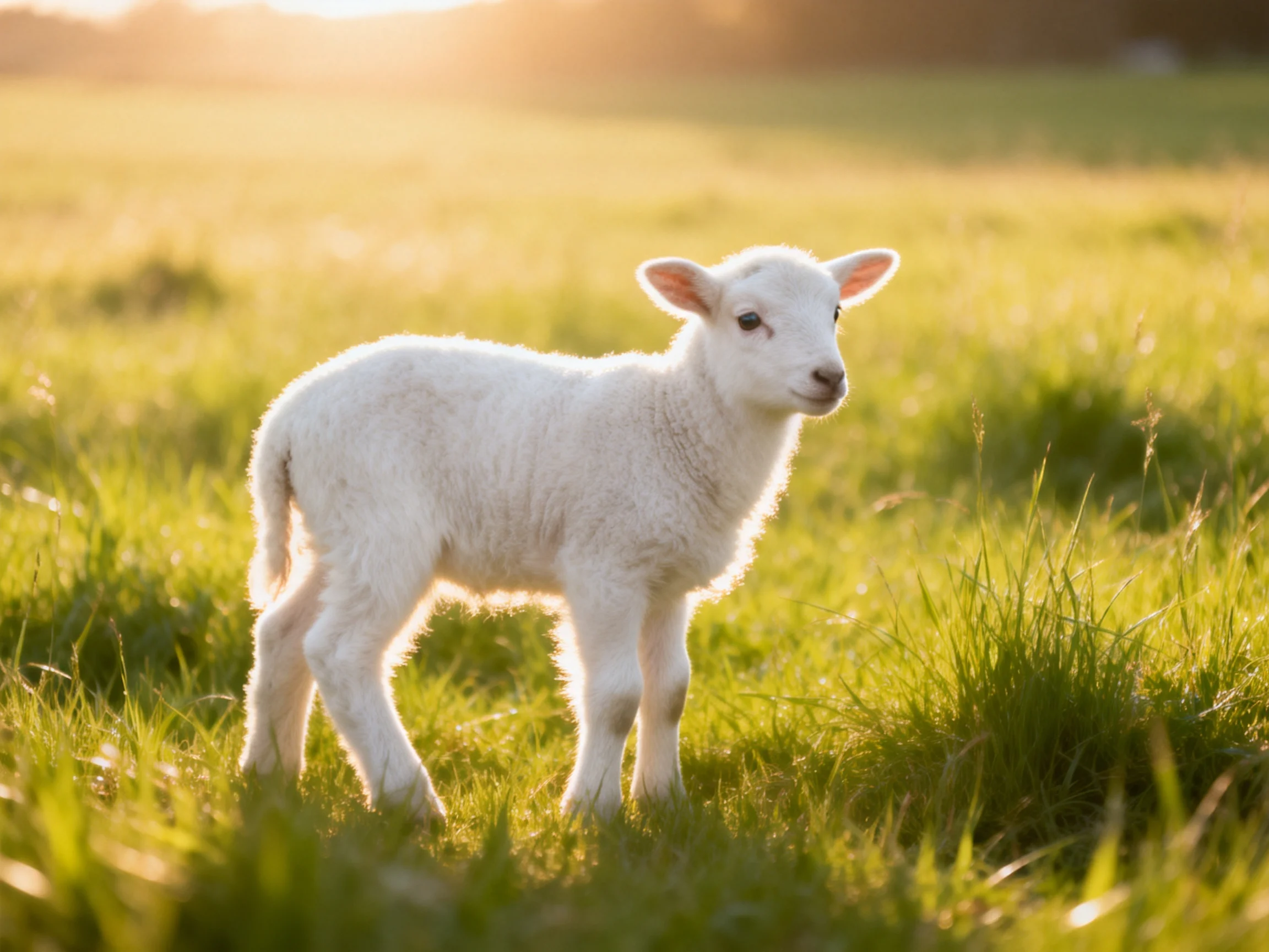 A small white lamb in a sunlit green pasture