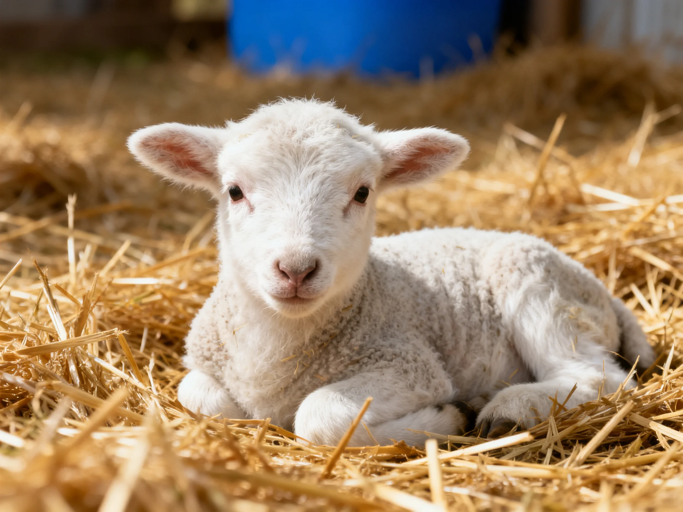 A small white lamb resting on golden straw in a sunlit barn