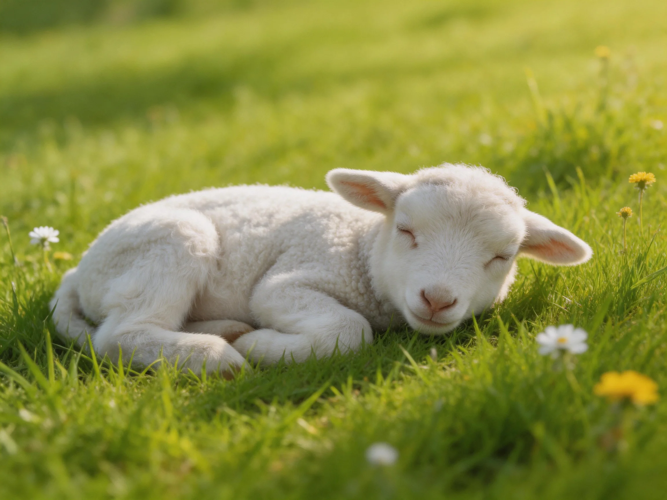 A small white lamb resting on lush green grass amid wildflowers