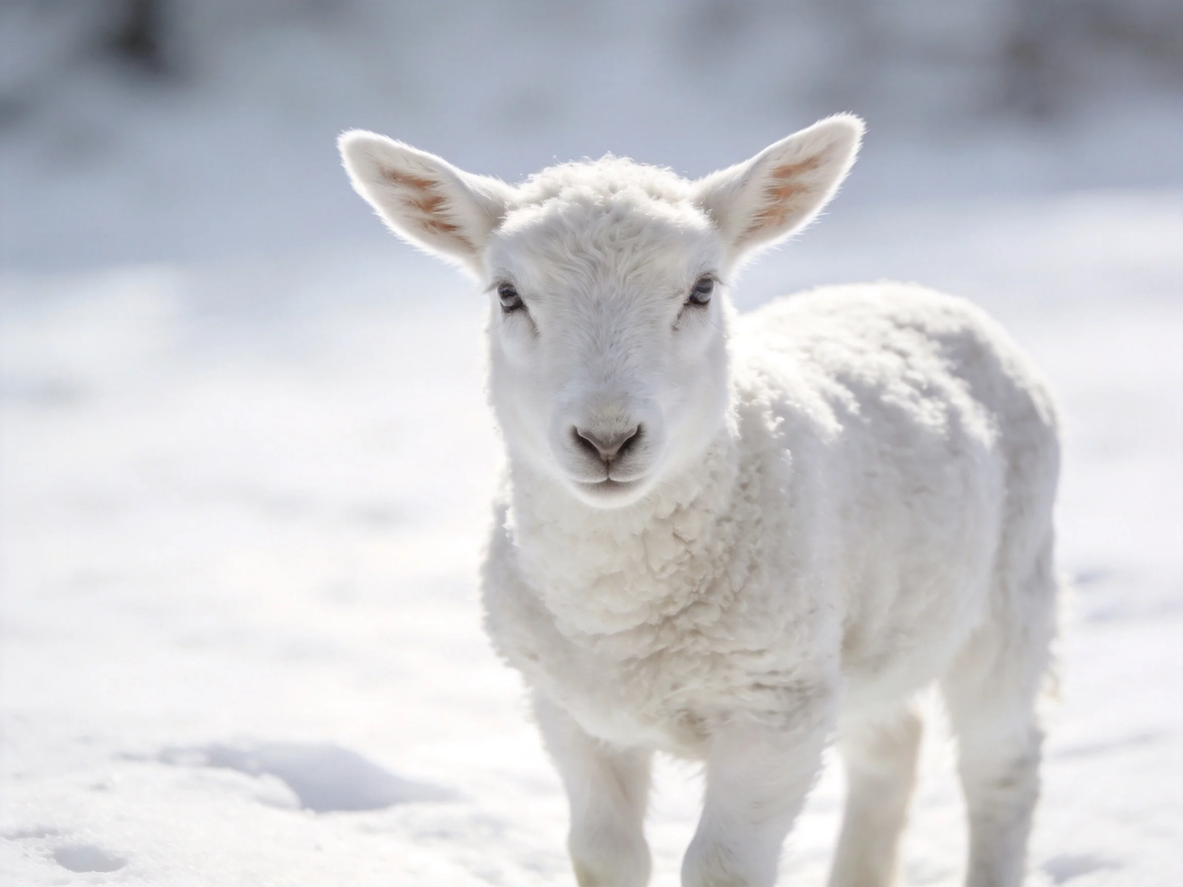 A small white lamb standing in bright snowy terrain
