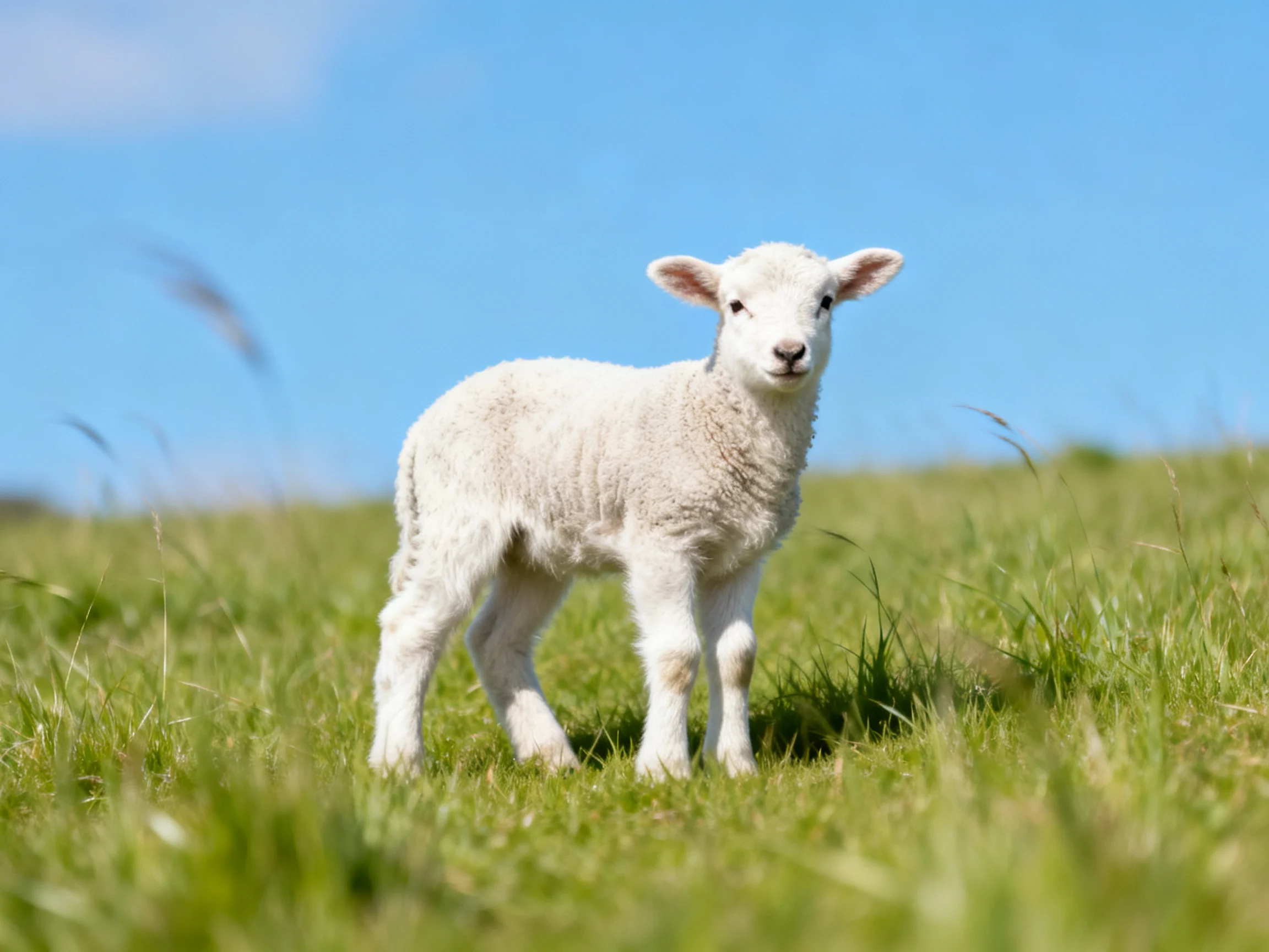 A small white lamb standing on lush green grass under clear blue sky