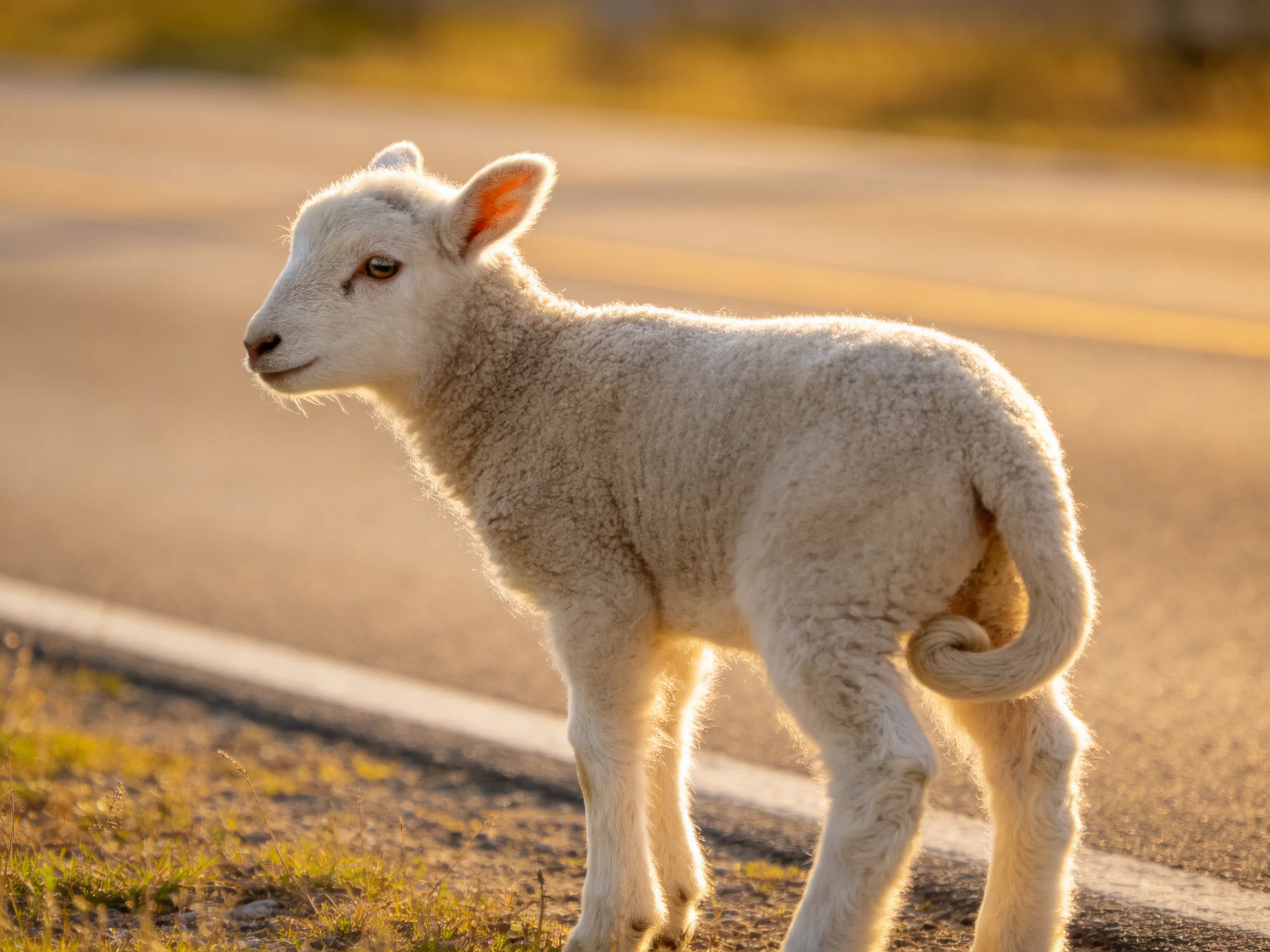 A young white lamb stands near a sunlit paved road.