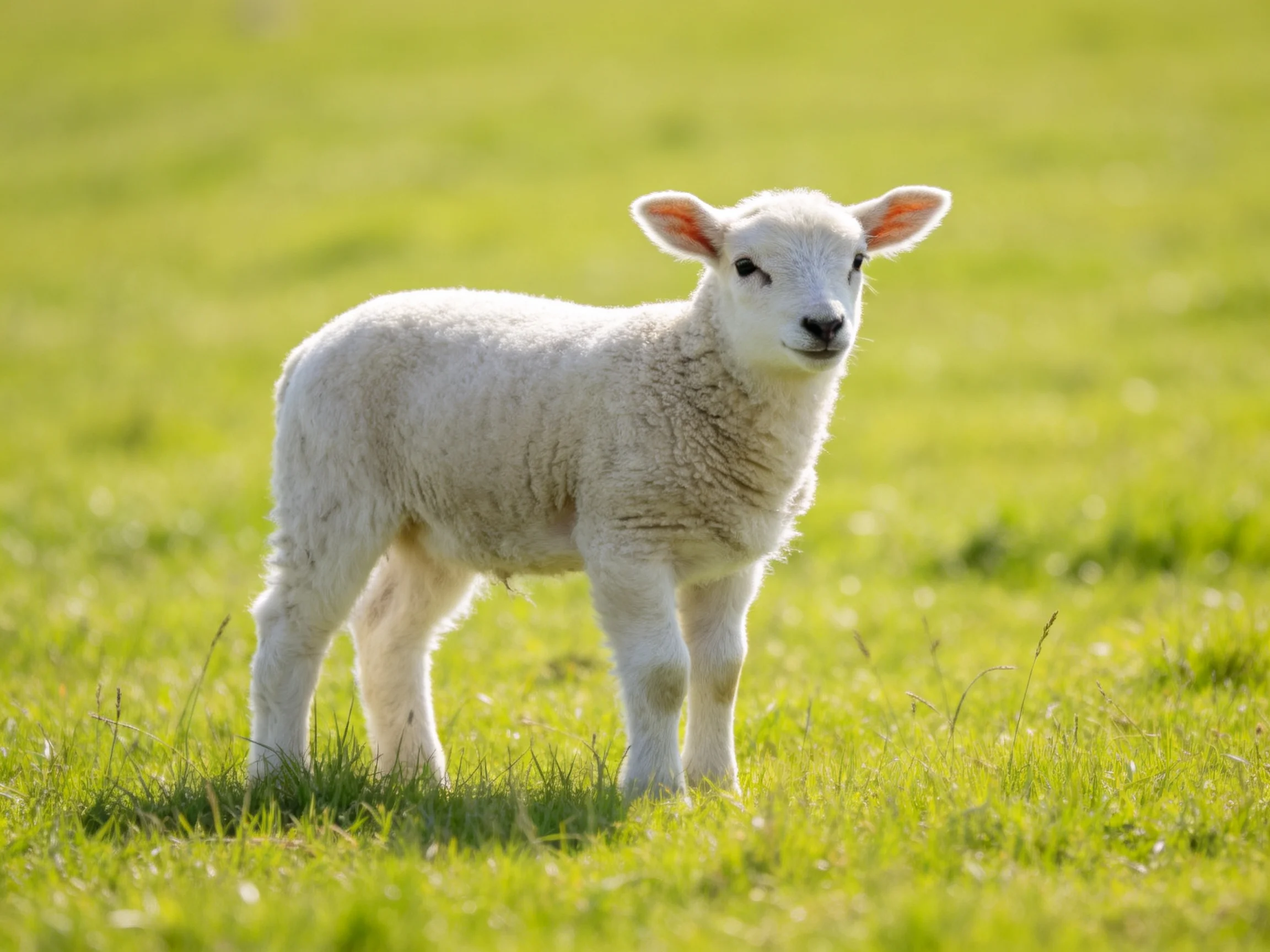 A young white lamb stands alone in a sunlit green pasture.