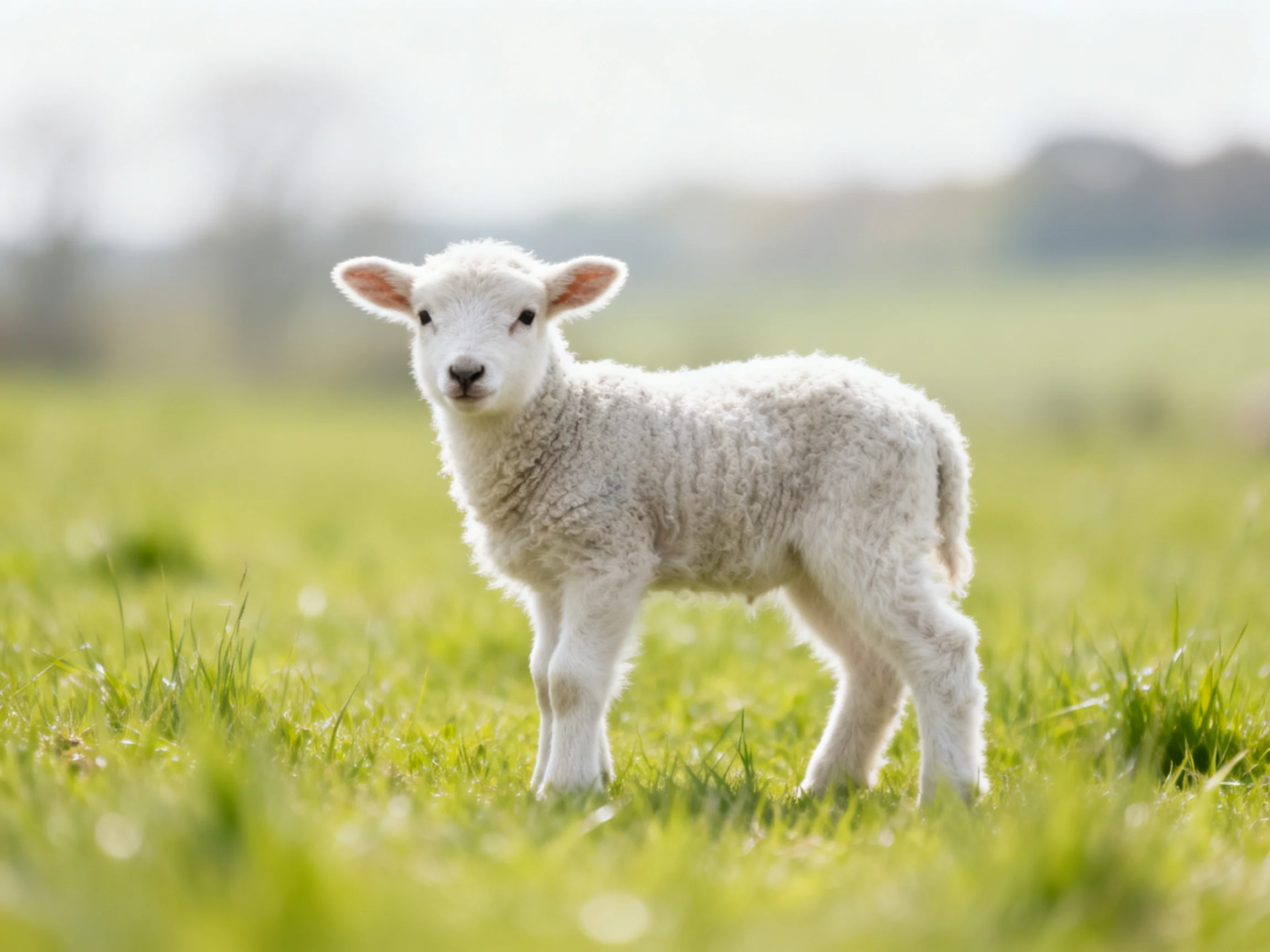 A small white lamb stands alone in a sunlit green meadow.