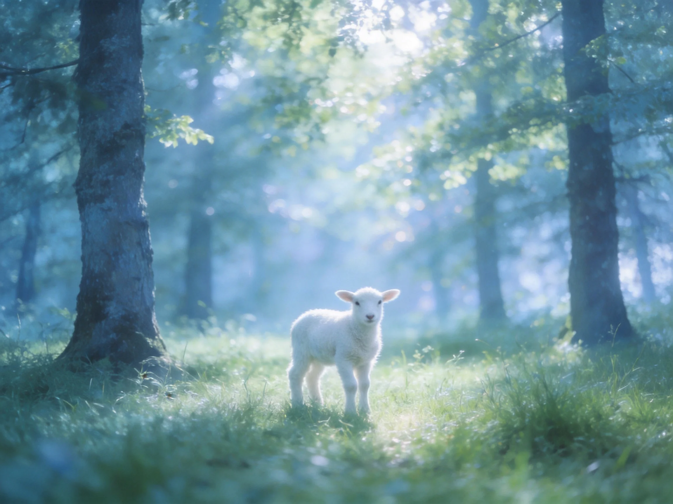 A small white lamb stands in a misty, green forest glade