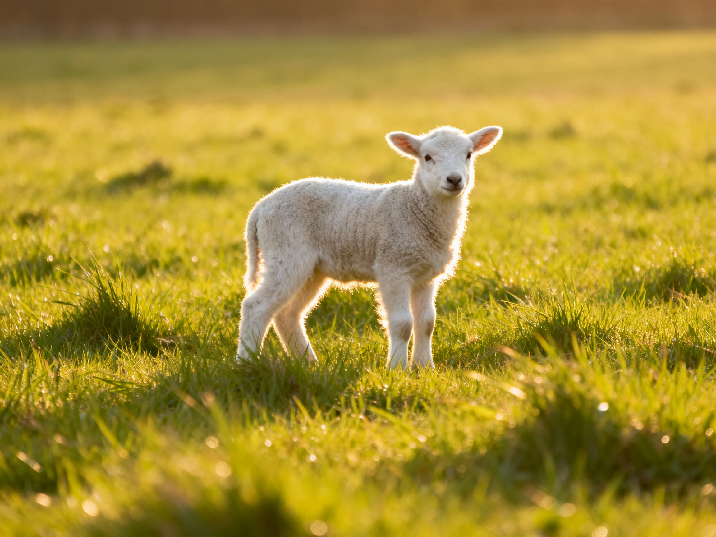 A young white lamb stands alone in a sunlit green pasture.