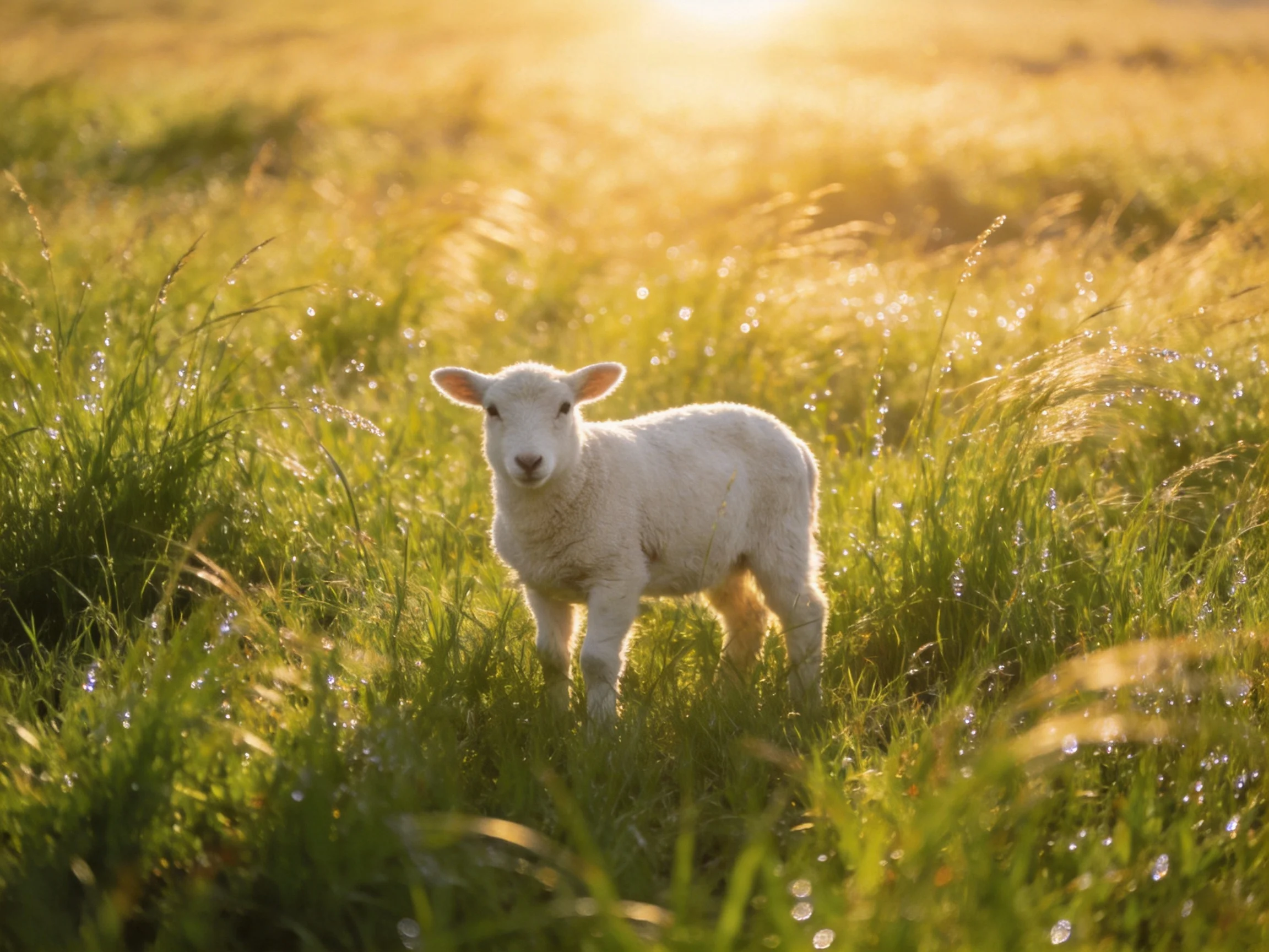 A young white lamb stands in a sunlit green pasture.