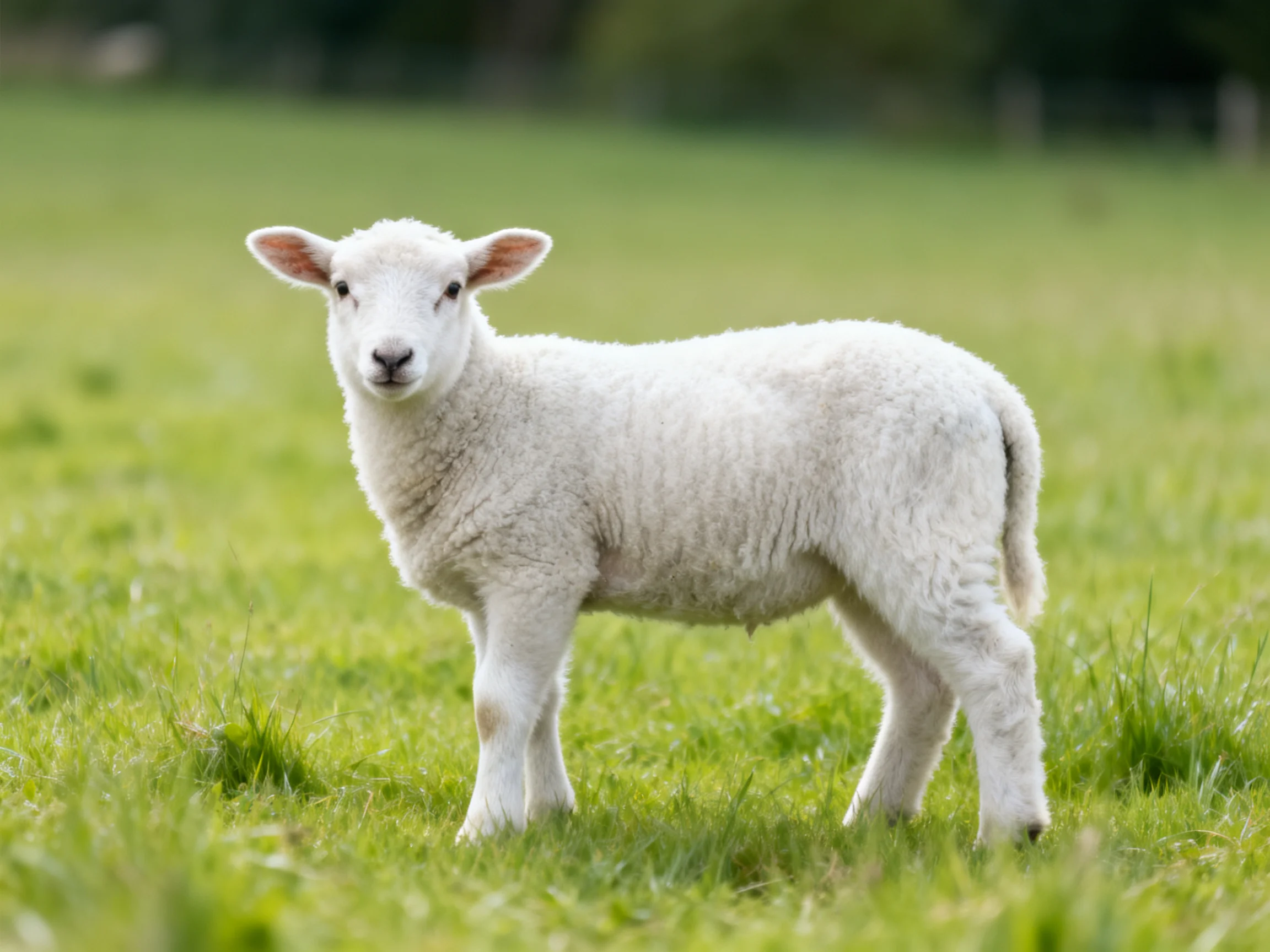 A small white lamb stands in a verdant green field