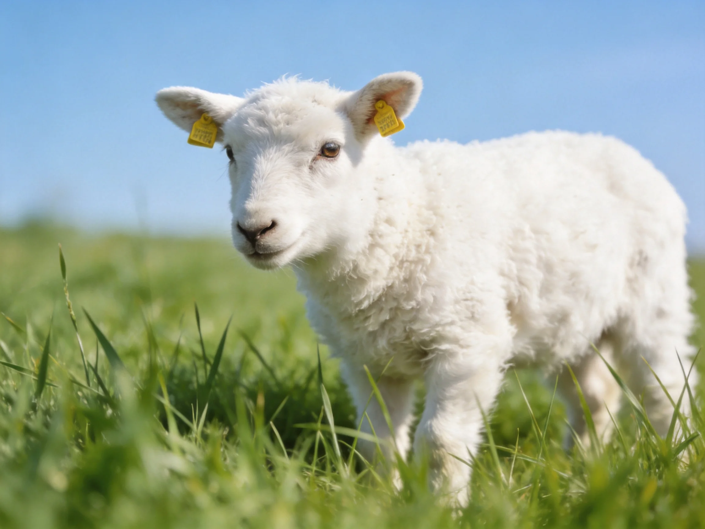 A young white lamb is in a grassy field with a clear blue sky.