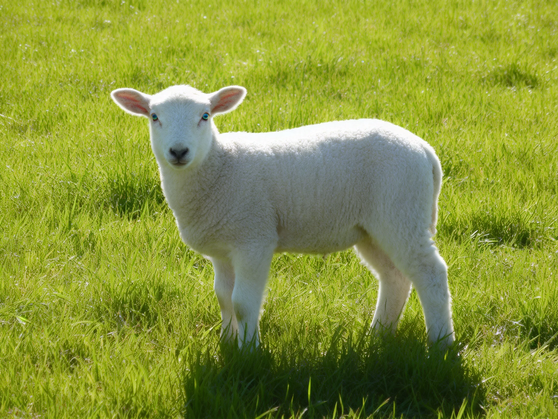 A young white lamb stands peacefully in green grass.
