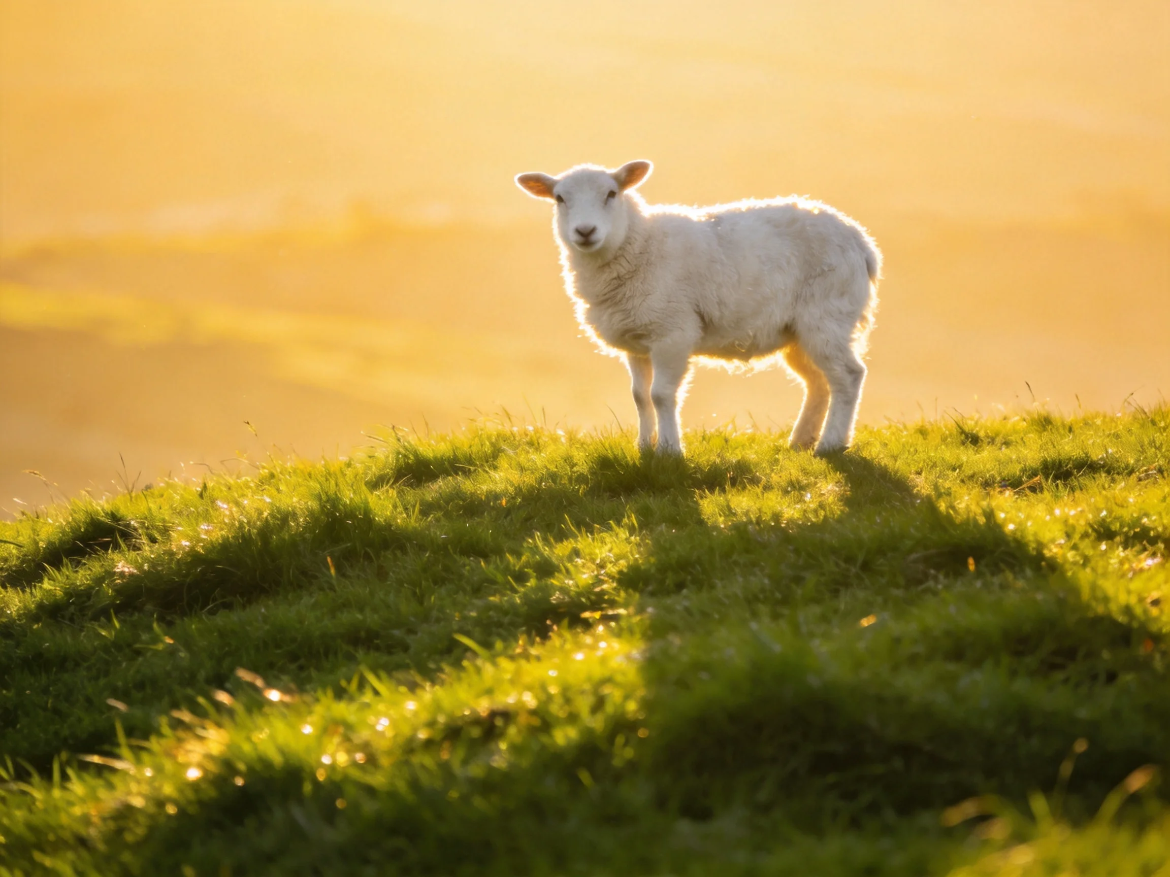 A young sheep is on a grassy hill bathed in golden sunlight.