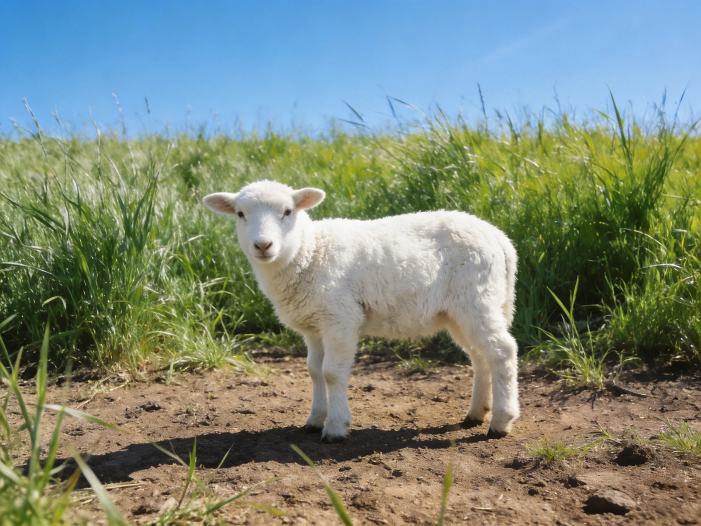 A small white lamb stands on brown dirt near tall green grass under a bright blue sky.