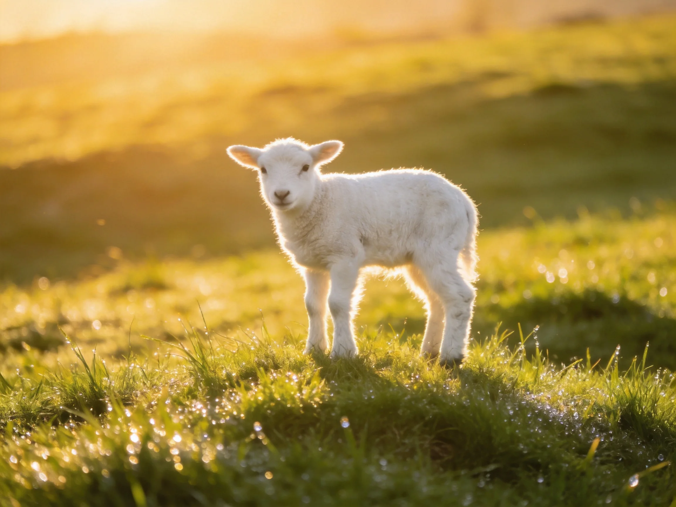 A small white lamb stands on dewy green grass under golden sunlight
