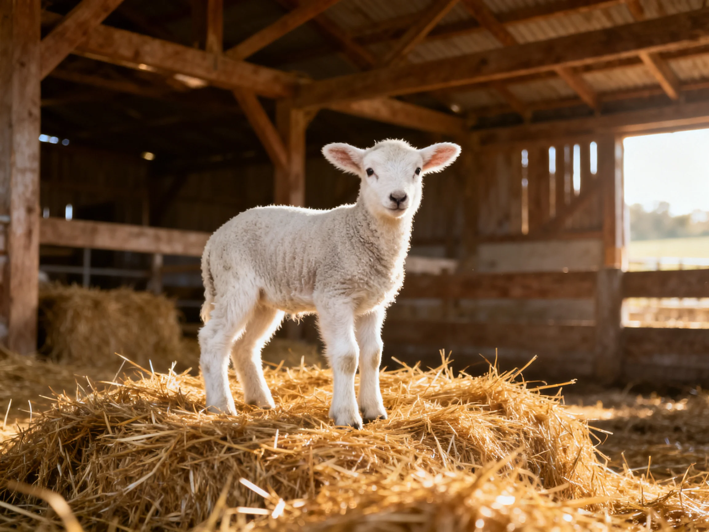A young white lamb stands on straw bales within a rustic wooden barn lit by sunlight