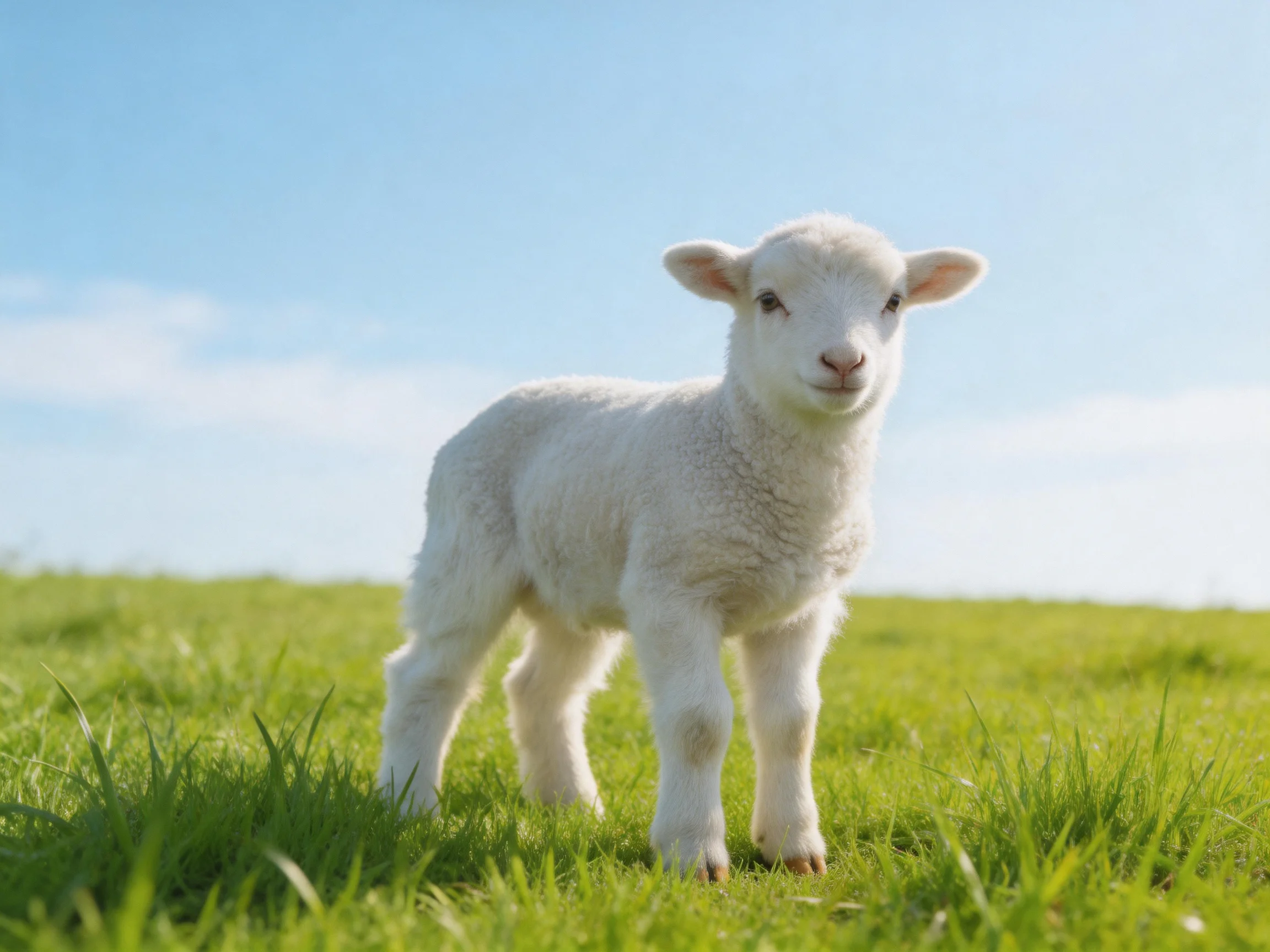 A small white lamb stands on lush green grass under bright blue sky