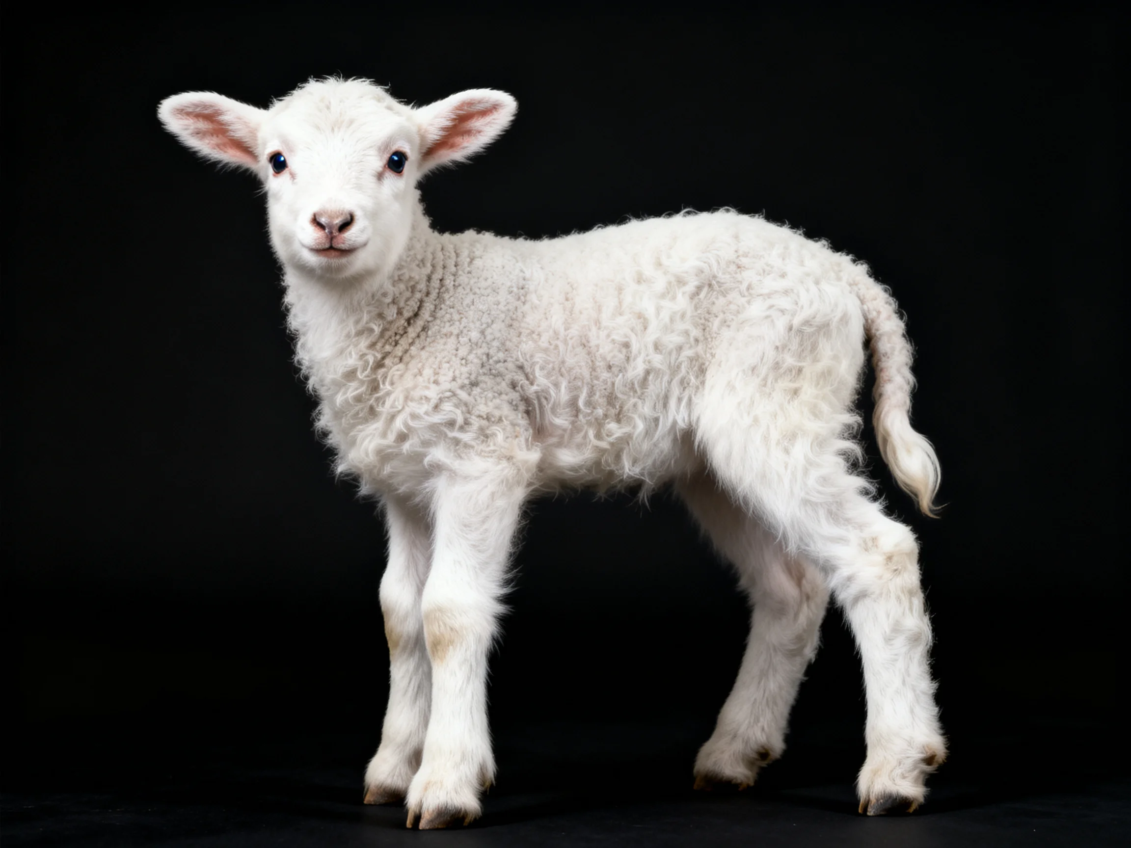 A small white lamb with curly wool against a black backdrop