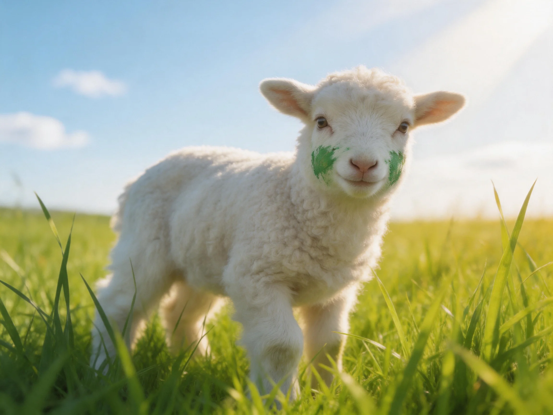 A small white lamb with green facial markings stands in a sunlit grassy field.