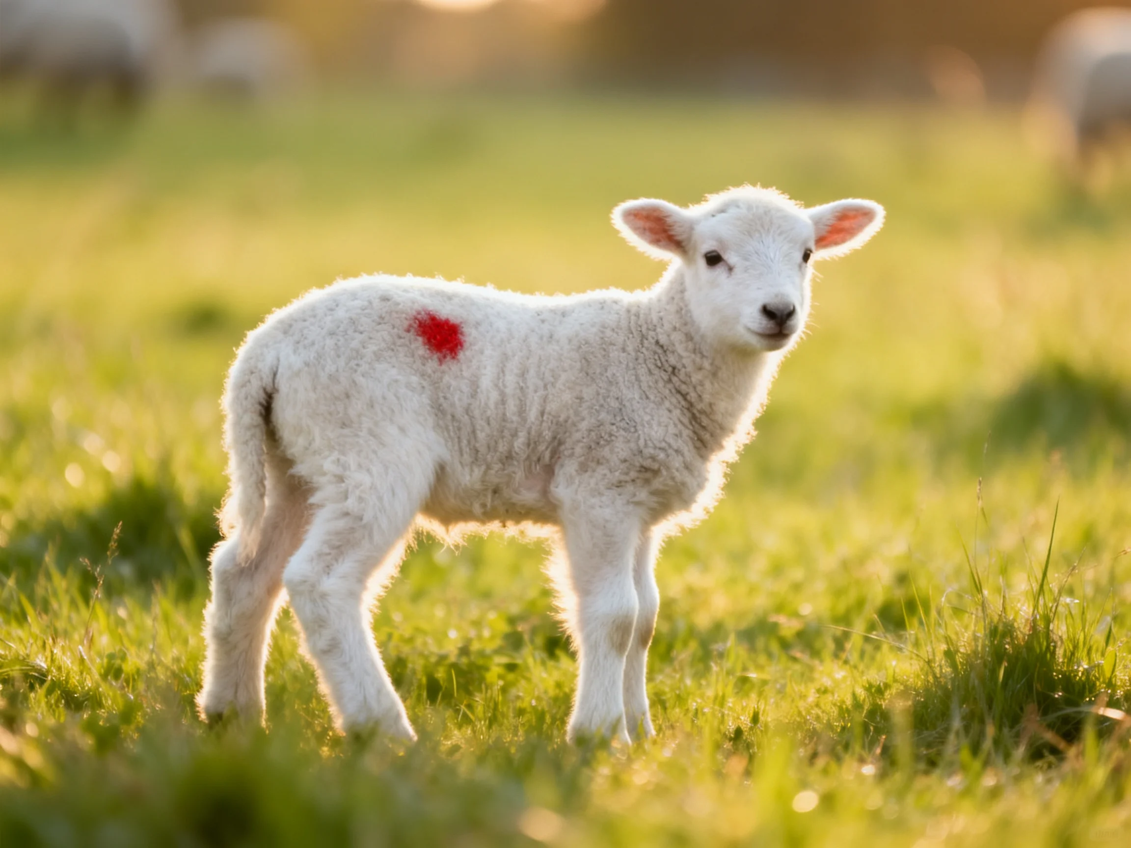 A small white lamb with red spot in sunlit green pasture