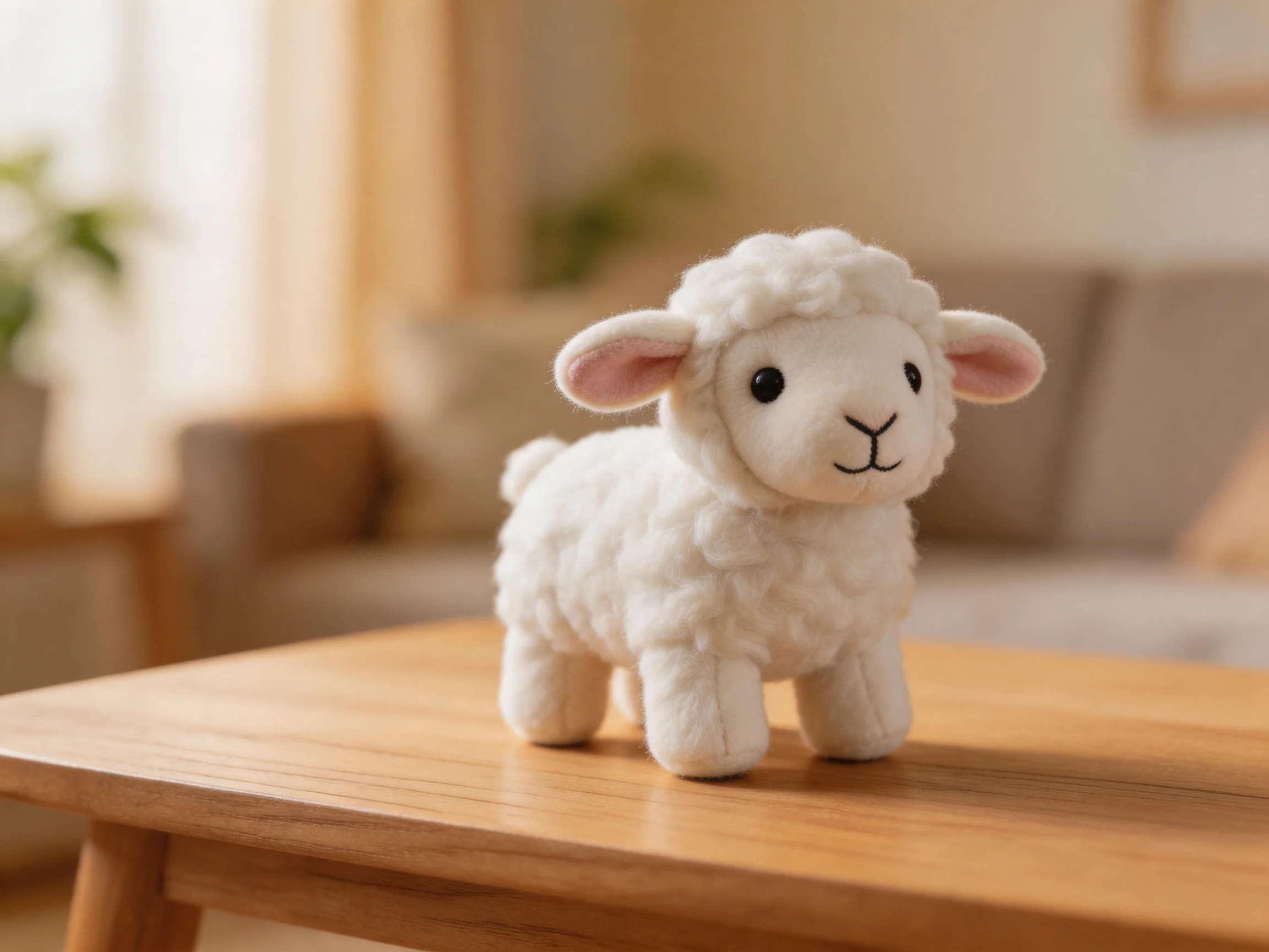 A small white plush lamb figurine on a wooden coffee table