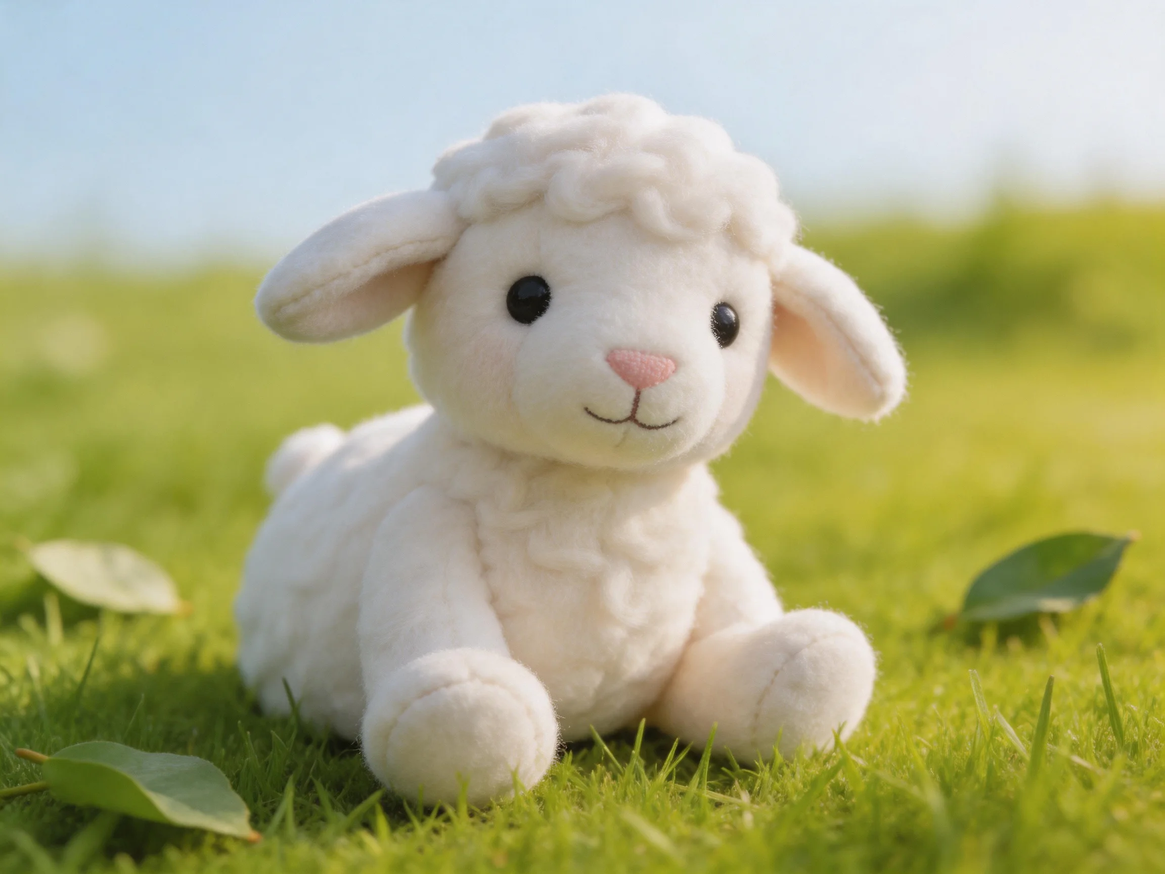 A small white plush lamb resting on vibrant green grass