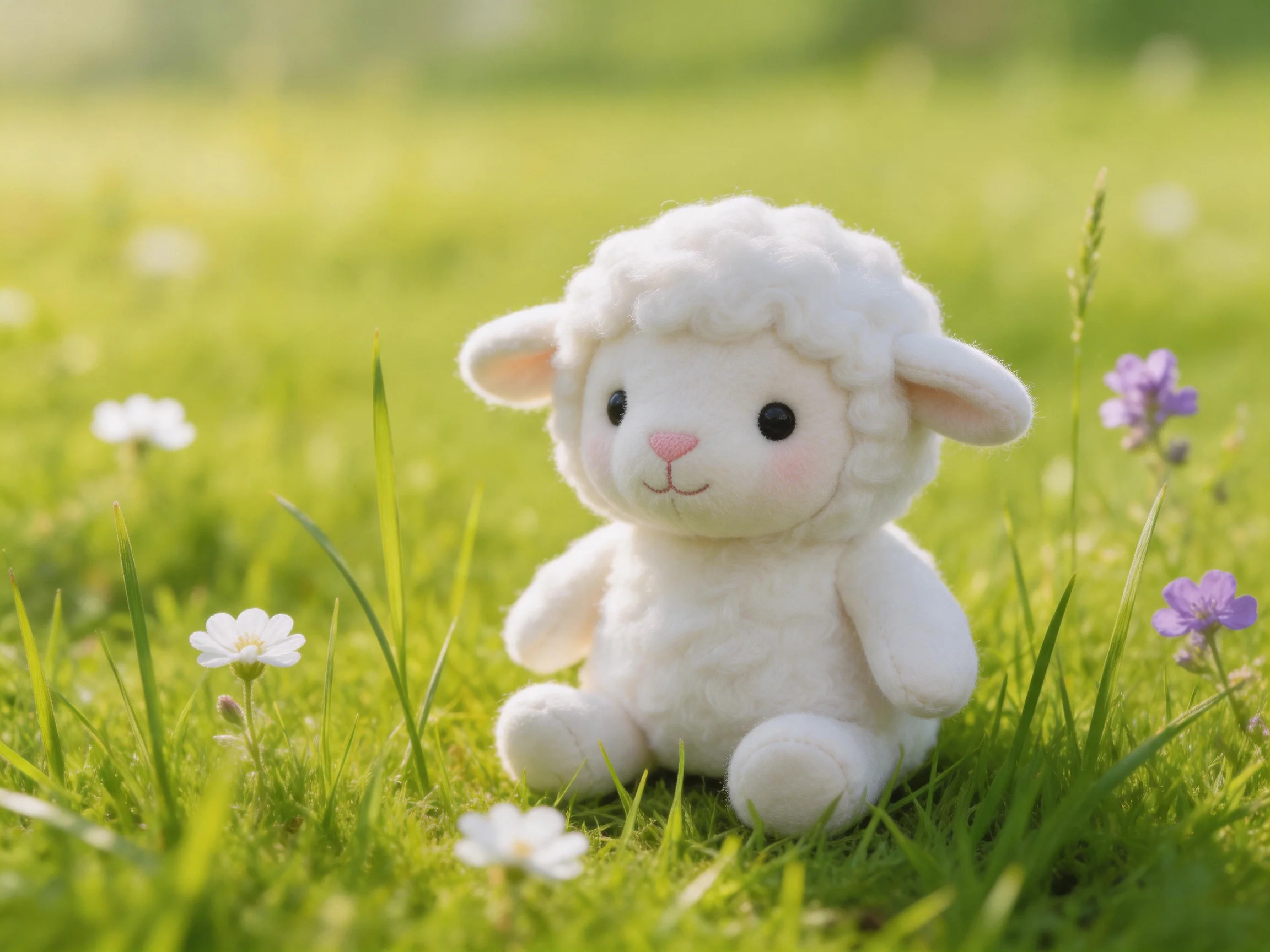 A small white plush lamb sits amid green grass and wildflowers