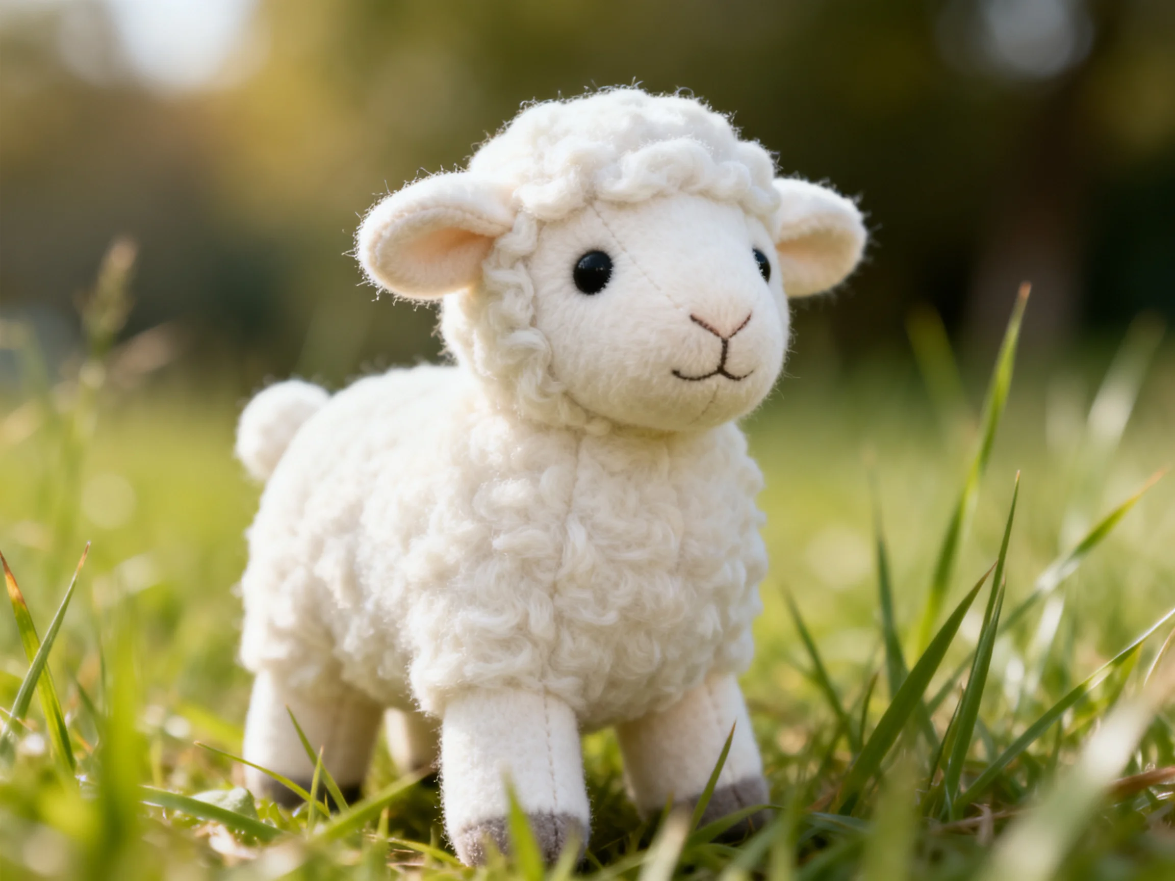 A small white plush lamb toy standing in lush green grass