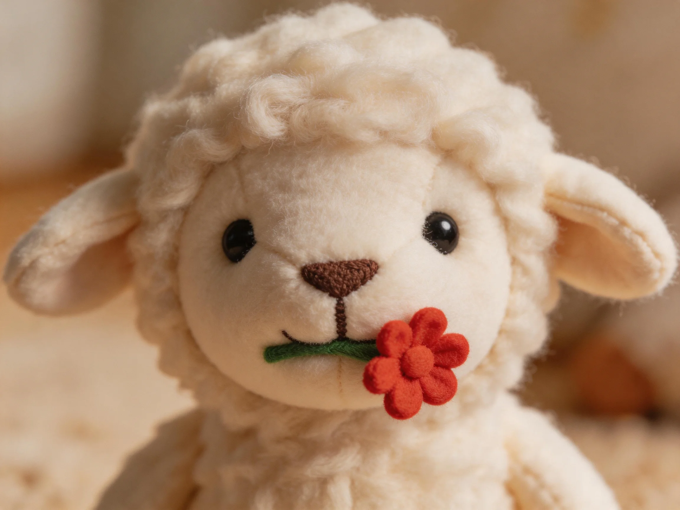 A small white plush sheep holding a bright red flower