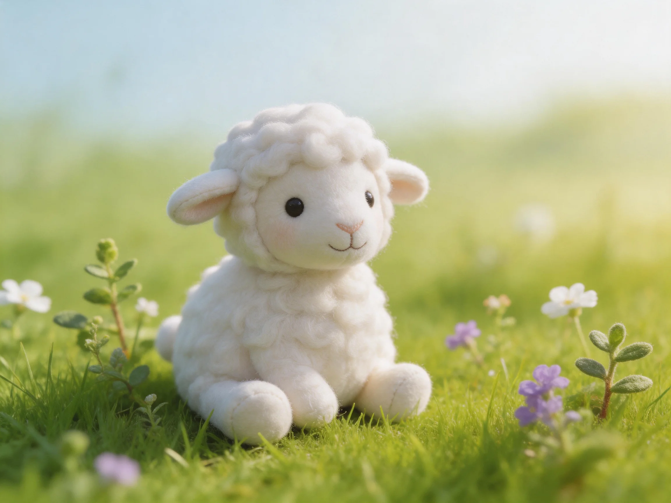 A small white plush sheep sits on lush green grass amid wildflowers