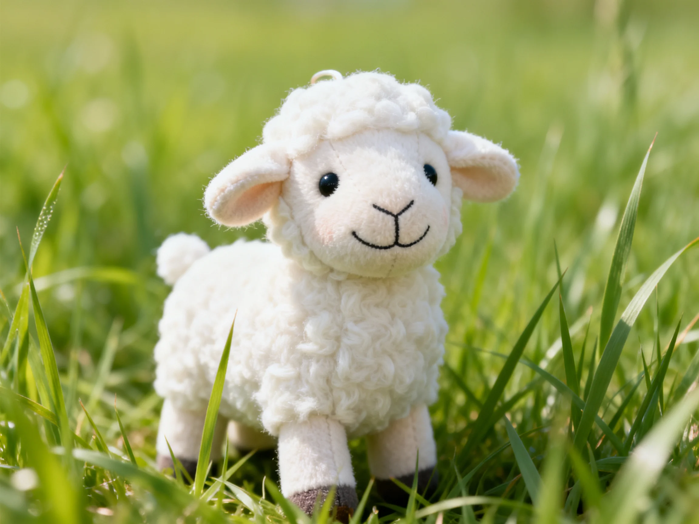 A small white plush sheep toy in lush green grass