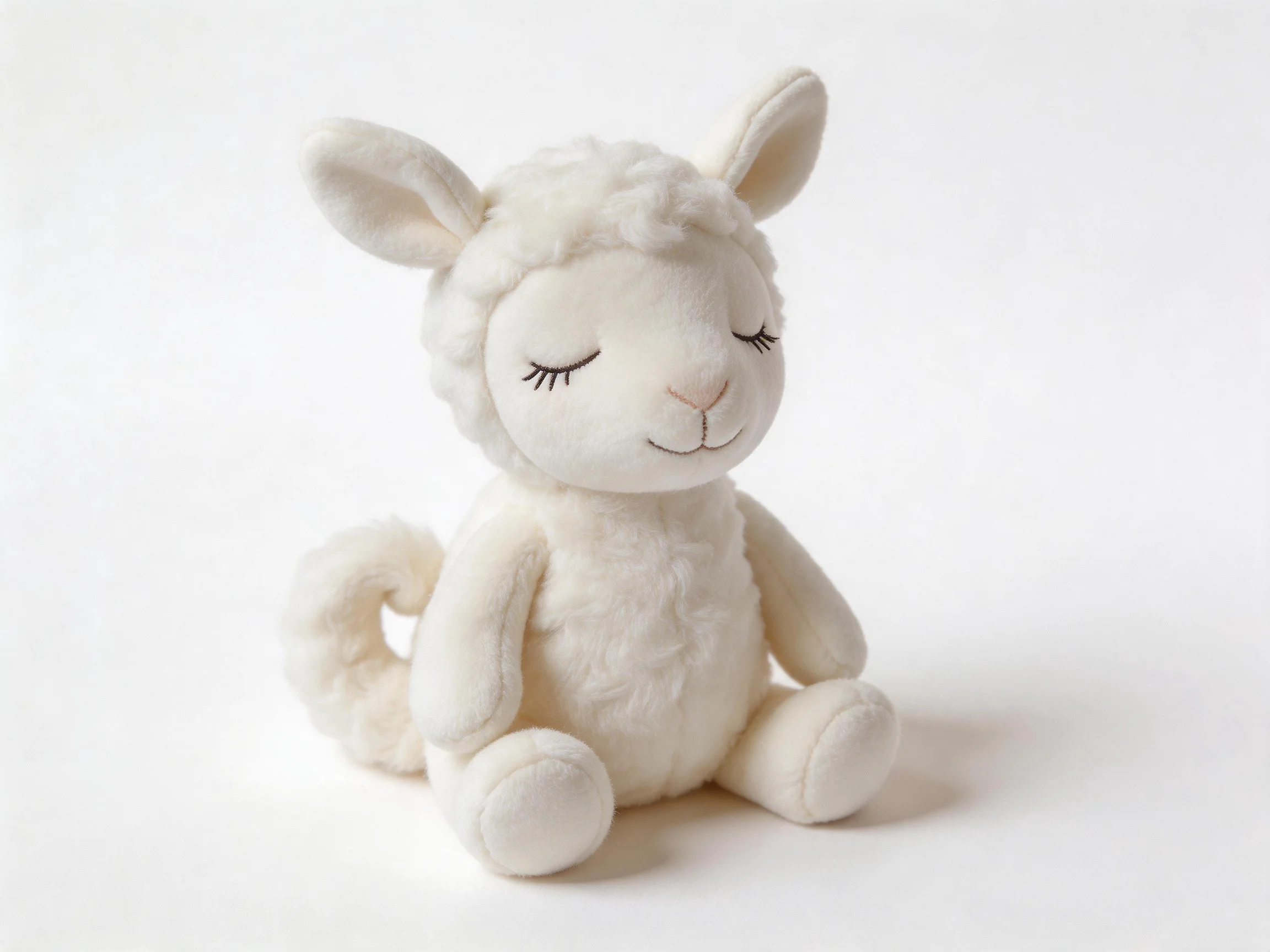 A small white plush sheep toy sitting calmly