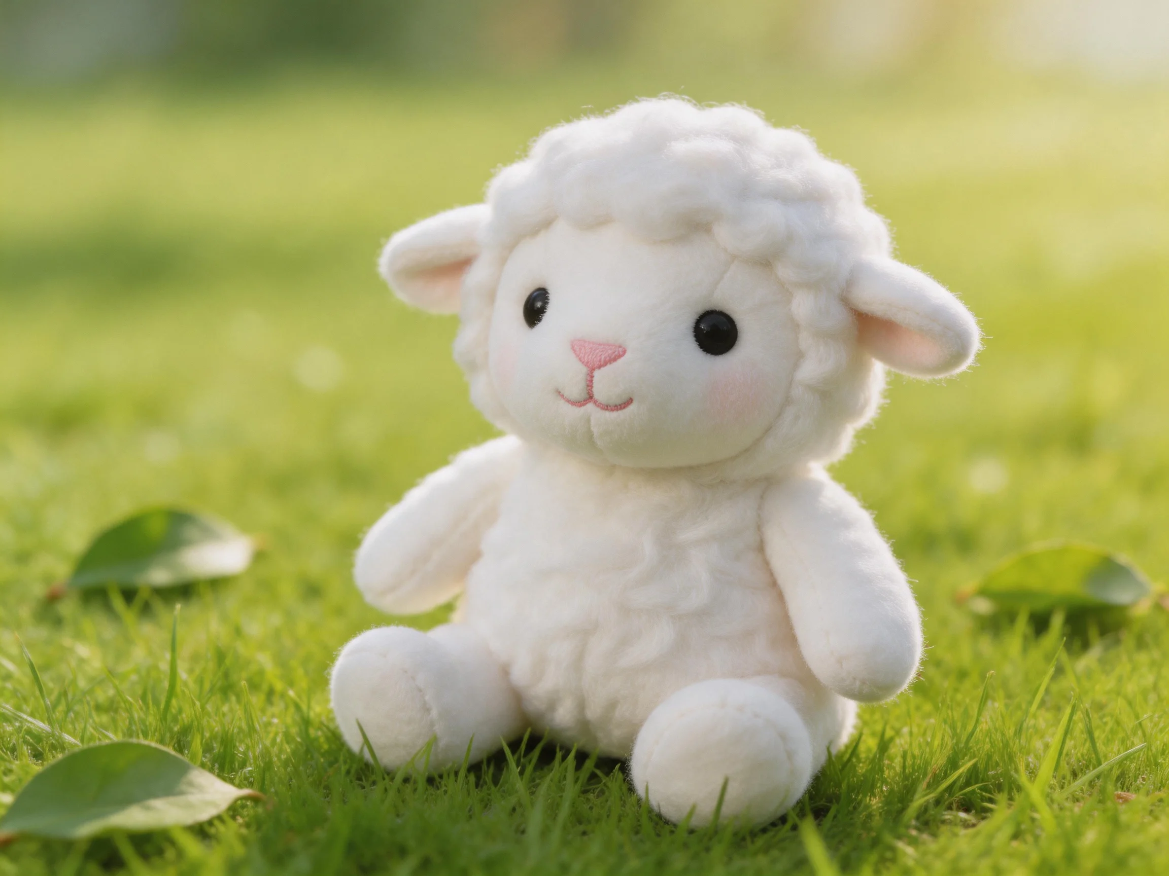 A small white plush sheep toy sitting on lush green grass