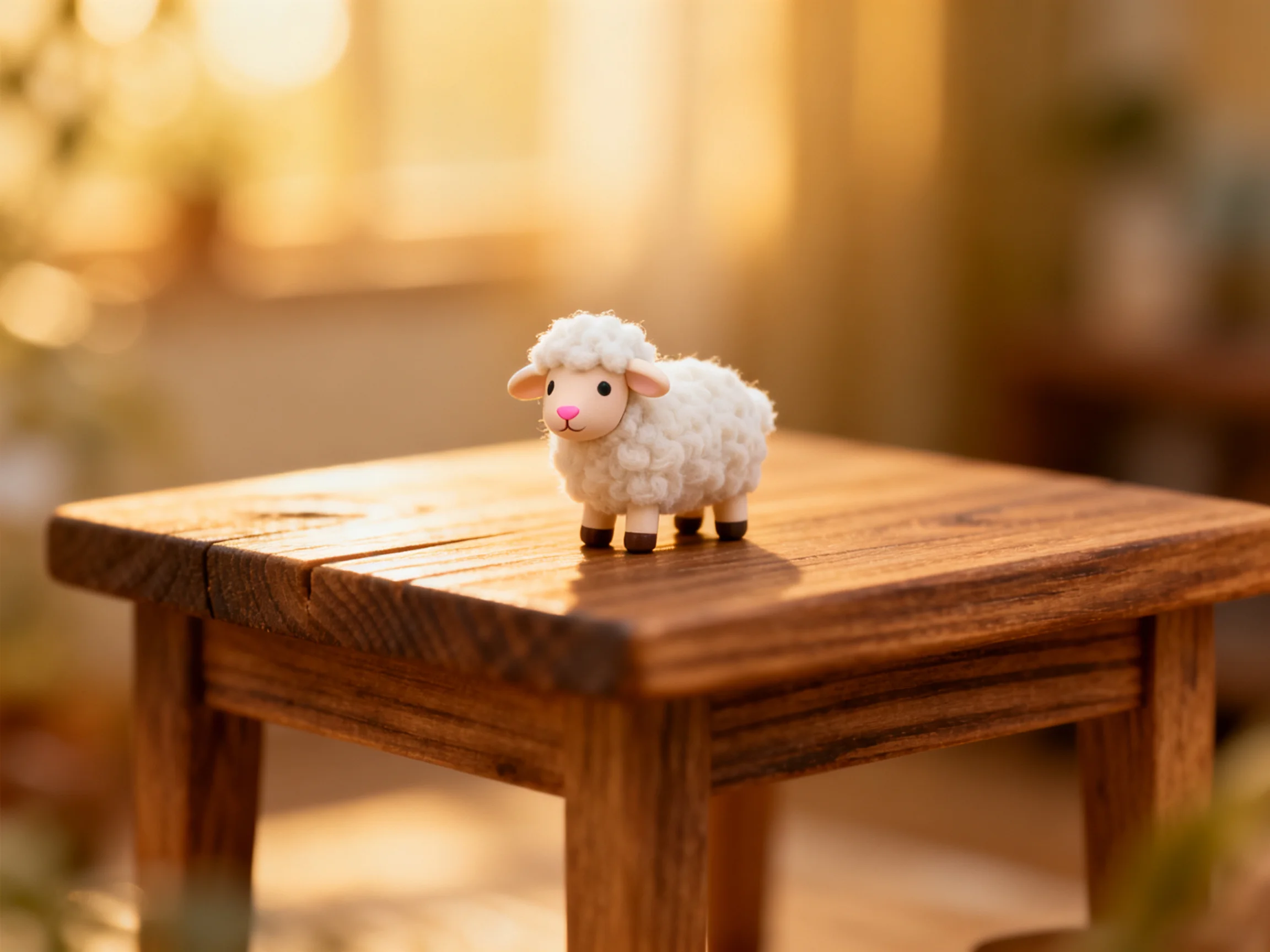 A small white sheep figurine sits on a polished wooden table