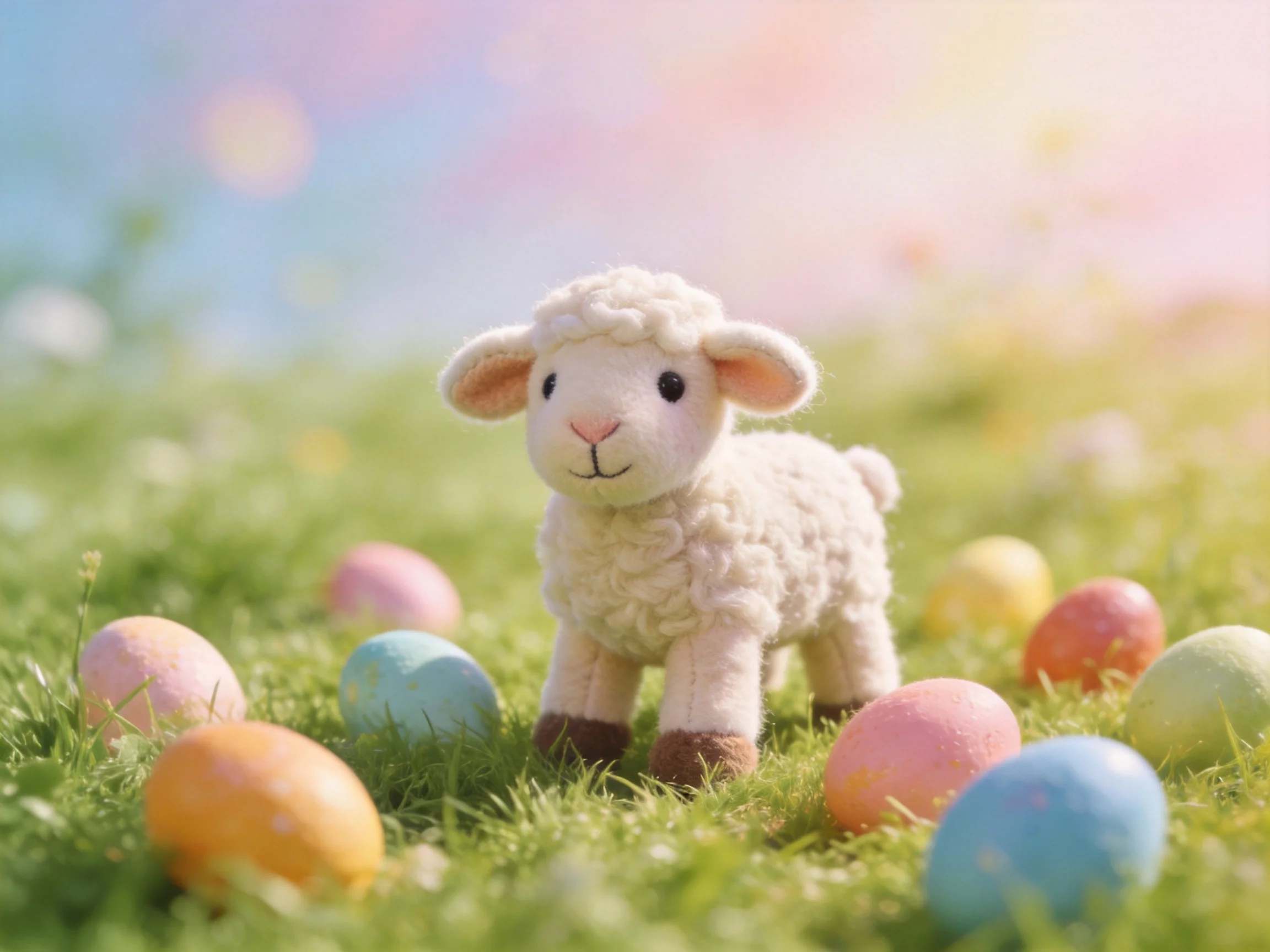 A small white stuffed lamb surrounded by colorful Easter eggs on lush grass